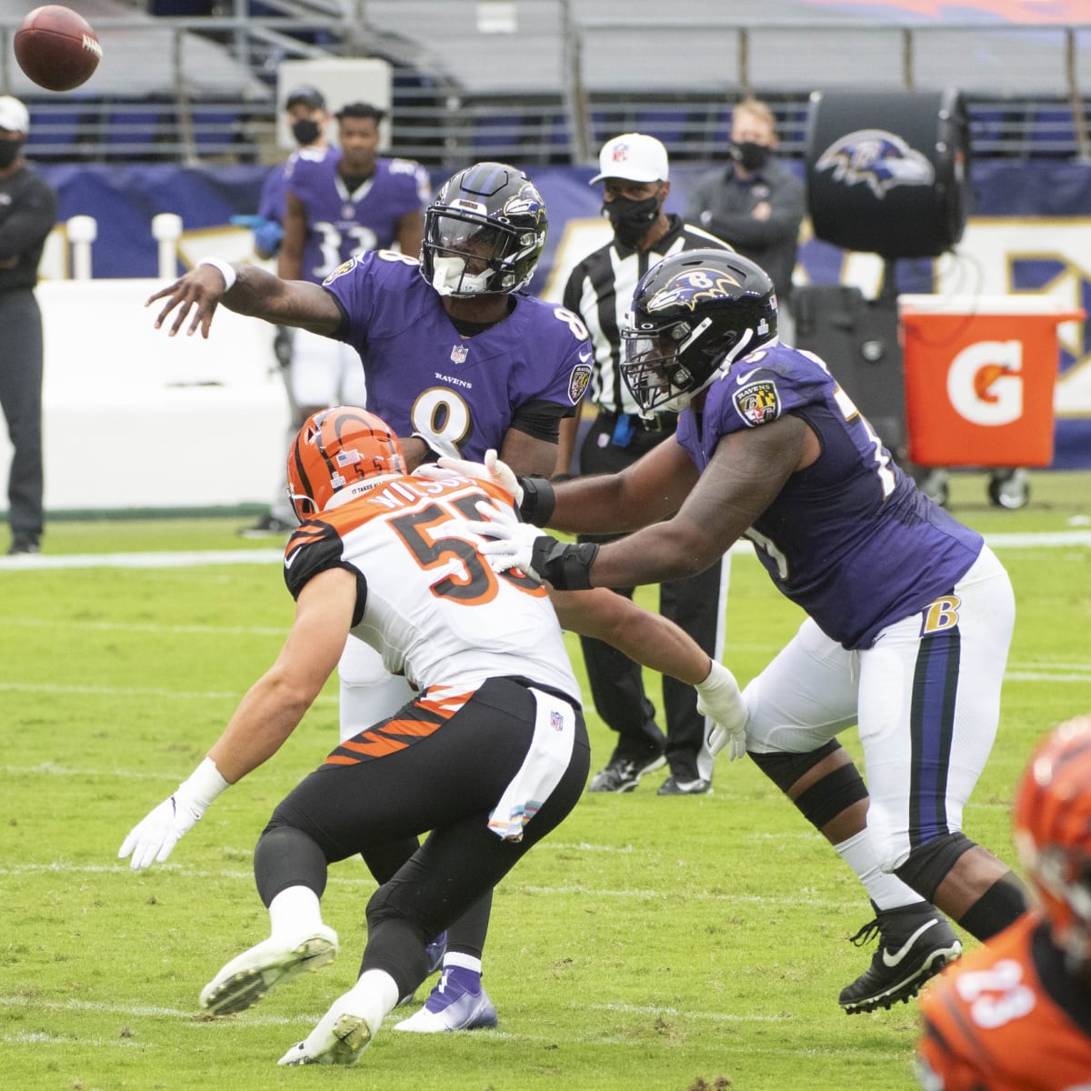 Cincinnati Bengals guard Jackson Carman (79) and offensive tackle D'Ante  Smith (70) walk off the field after an NFL football game against the  Baltimore Ravens, Sunday, Dec. 26, 2021, in Cincinnati. (AP