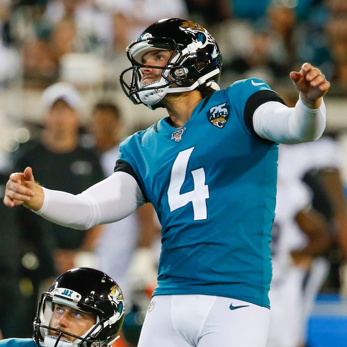 Jacksonville Jaguars kicker Josh Lambo (4) stands on the sideline after  missing a point after try during the second half of an NFL football game  against the Tennessee Titans, Sunday, Sept. 20