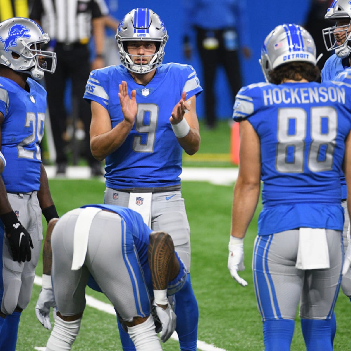 Dec 18, 2011; Oakland, CA, USA; Detroit Lions quarterback Matthew Stafford  (9) celebrates after the game against the Oakland Raiders at O.co Coliseum.  Detroit defeated Oakland 28-27 Stock Photo - Alamy