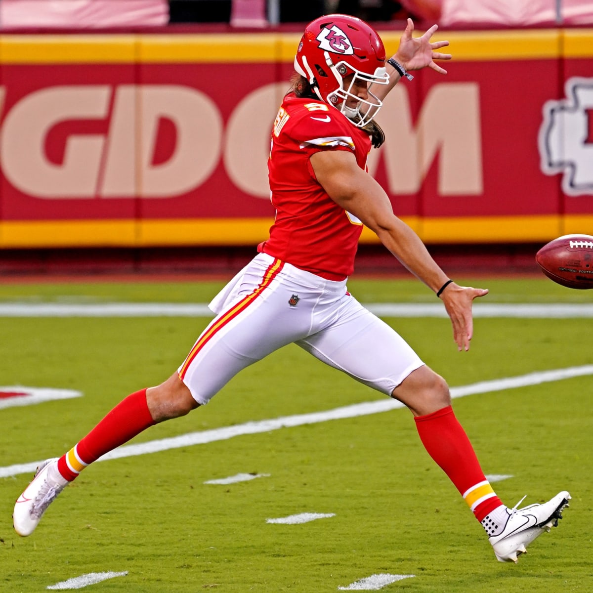 Bizarre: Chiefs punter Tommy Townsend tried to put on second helmet