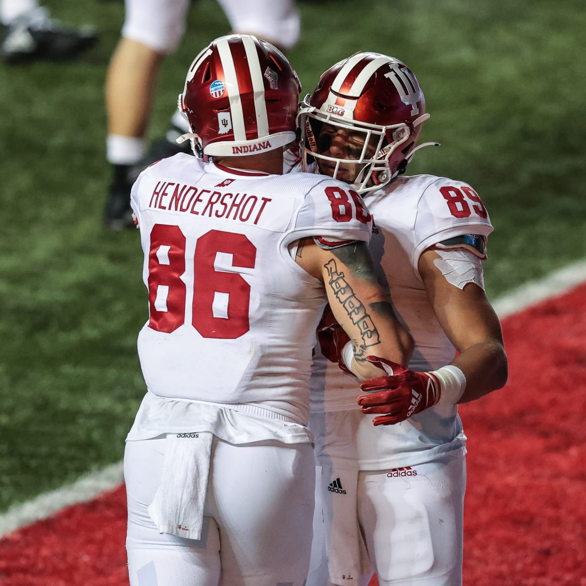 Bloomington, United States. 13th Nov, 2021. Peyton Hendershot (86) of the  Indiana Hoosiers is tackled by Shaquan Loyal (25) of the Rutgers Scarlet  Knights during an NCAA football game at Memorial Stadium.