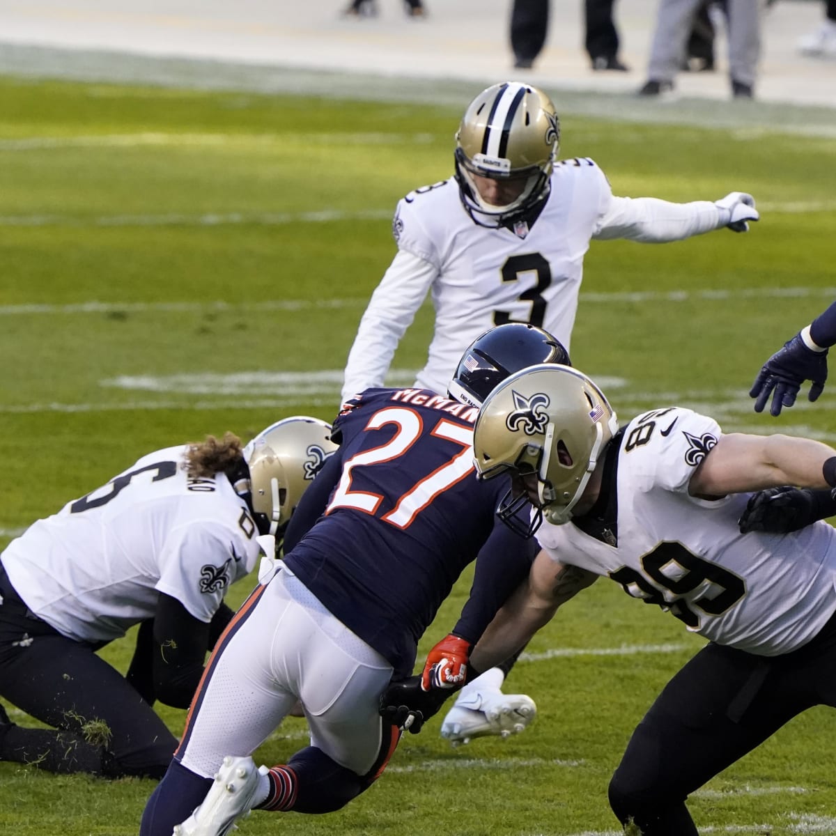 August 29, 2019: New Orleans Saints kicker Will Lutz (3) drives a kickoff  during a preseason game between the New Orleans Saints and the Miami  Dolphins at the Mercedes Benz Superdome in