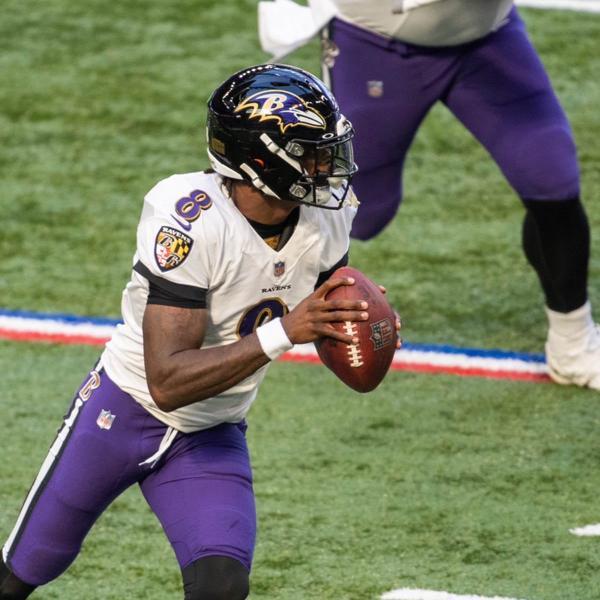 August 20, 2018: Baltimore Ravens quarterback Lamar Jackson (8) runs with  the ball during NFL football preseason game action between the Baltimore  Ravens and the Indianapolis Colts at Lucas Oil Stadium in