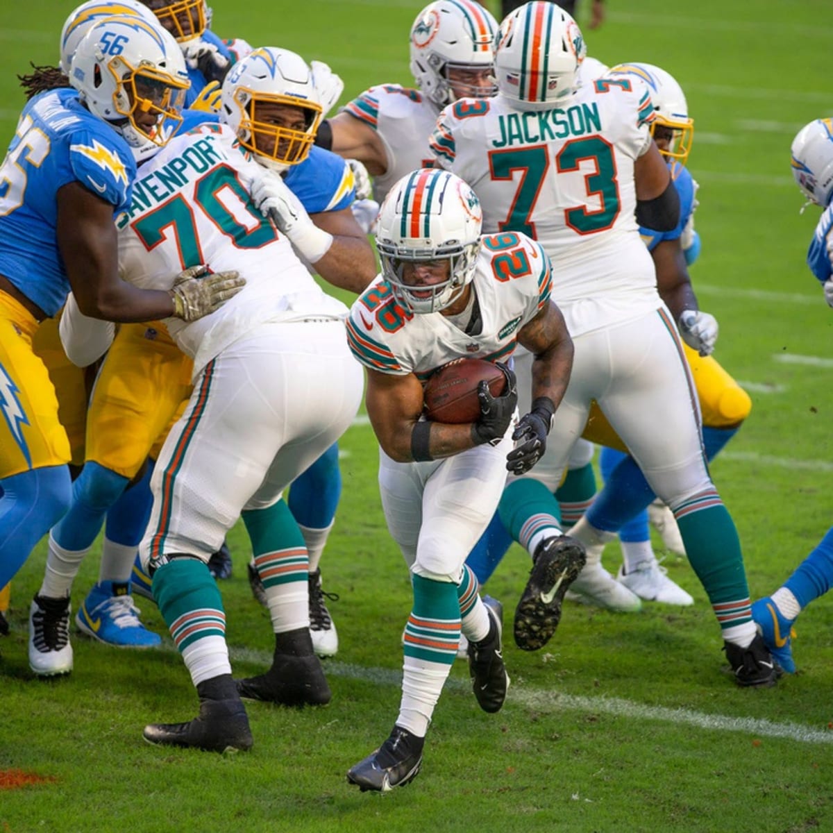 Miami Dolphins running back Salvon Ahmed (26) walks to the sideline before  an NFL football game, Sunday, Oct. 31, 2021 in Orchard Park, NY. (AP  Photo/Matt Durisko Stock Photo - Alamy