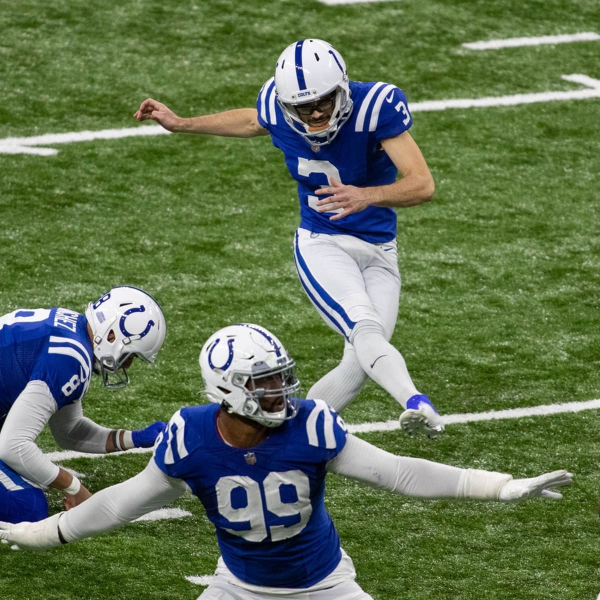 Indianapolis Colts kicker Rodrigo Blankenship (3) watches a video