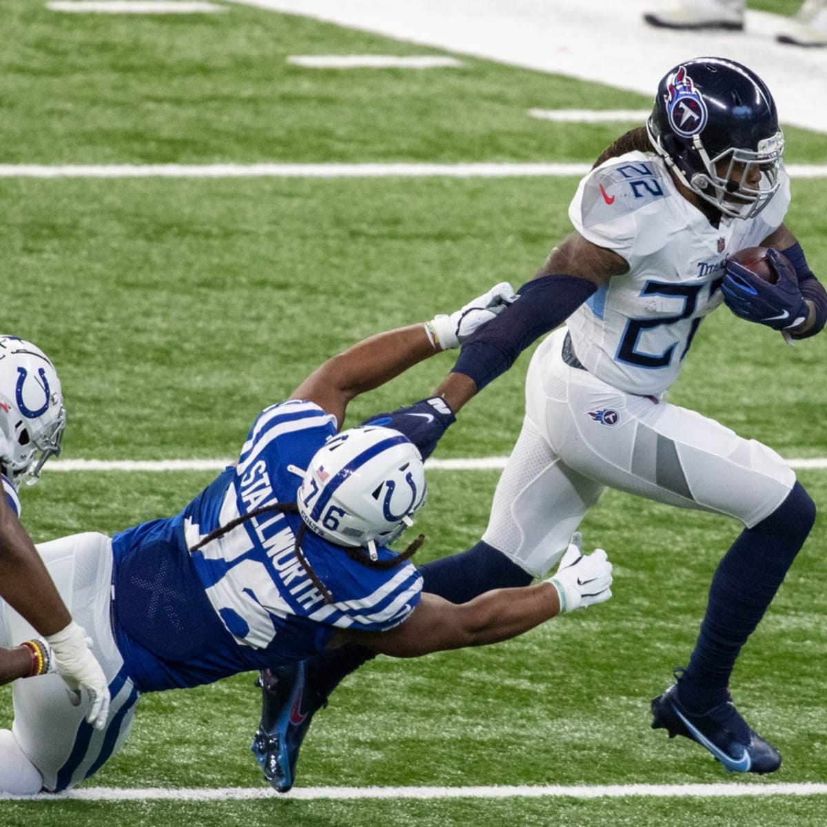 Indianapolis, Indiana, USA. 01st Dec, 2019. Tennessee Titans running back Derrick  Henry (22) during pregame of NFL football game action between the Tennessee  Titans and the Indianapolis Colts at Lucas Oil Stadium