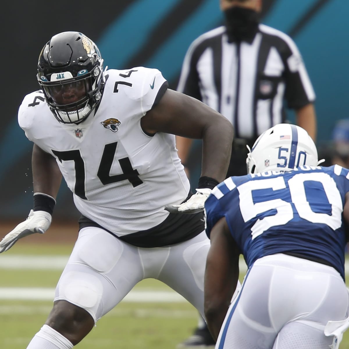 Jacksonville Jaguars guard Tyler Shatley (69) runs onto the field