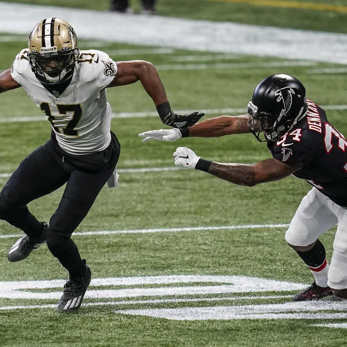 San Francisco 49ers wide receiver Emmanuel Sanders (17) pulls in touchdown  reception in the first half an NFL football game against the New Orleans  Saints in New Orleans, Sunday, Dec. 8, 2019. (