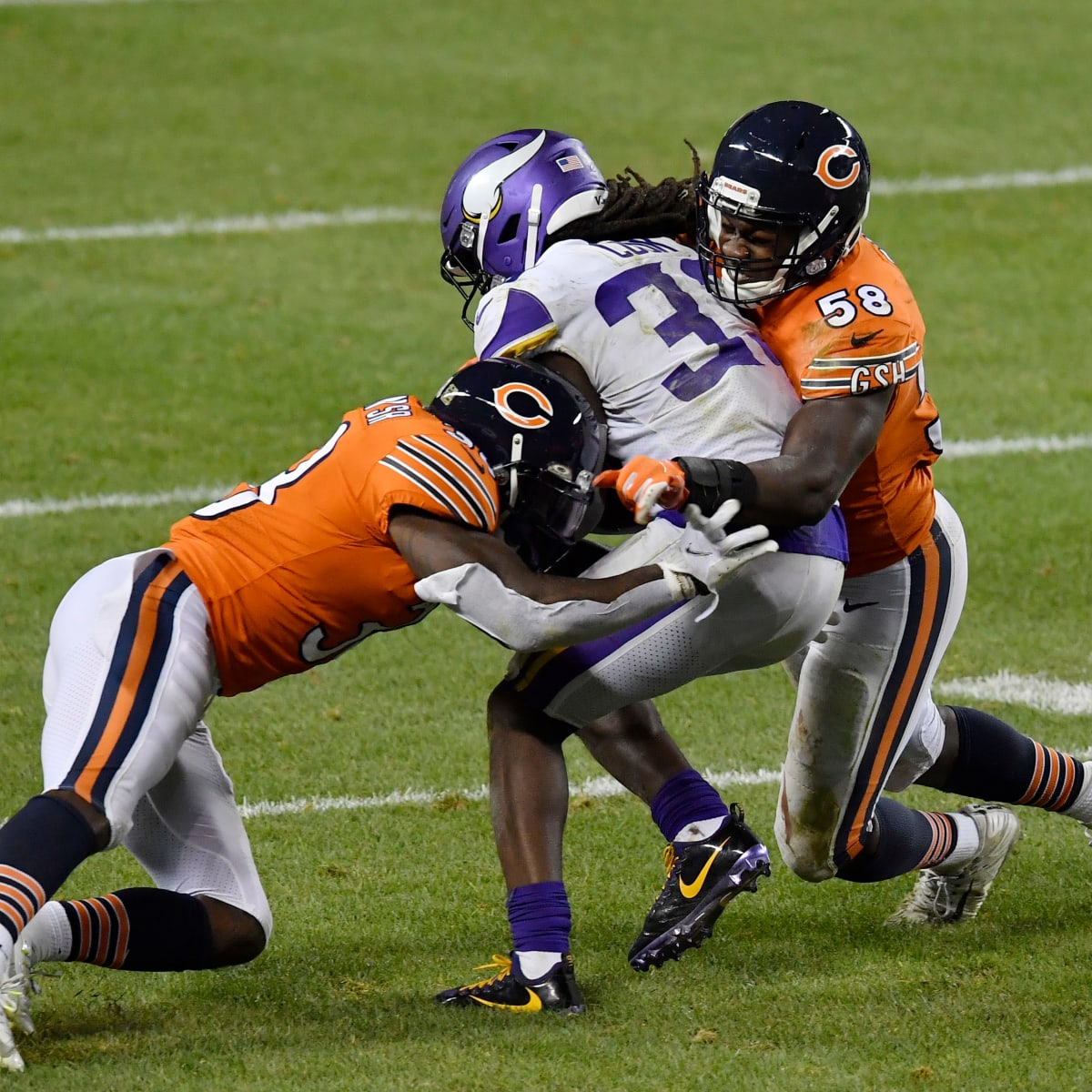 Chicago Bears guard Ja'Tyre Carter (69) looks on during the first half of  an NFL football game against the Minnesota Vikings, Sunday, Oct. 9, 2022,  in Minneapolis. (AP Photo/Abbie Parr Stock Photo 