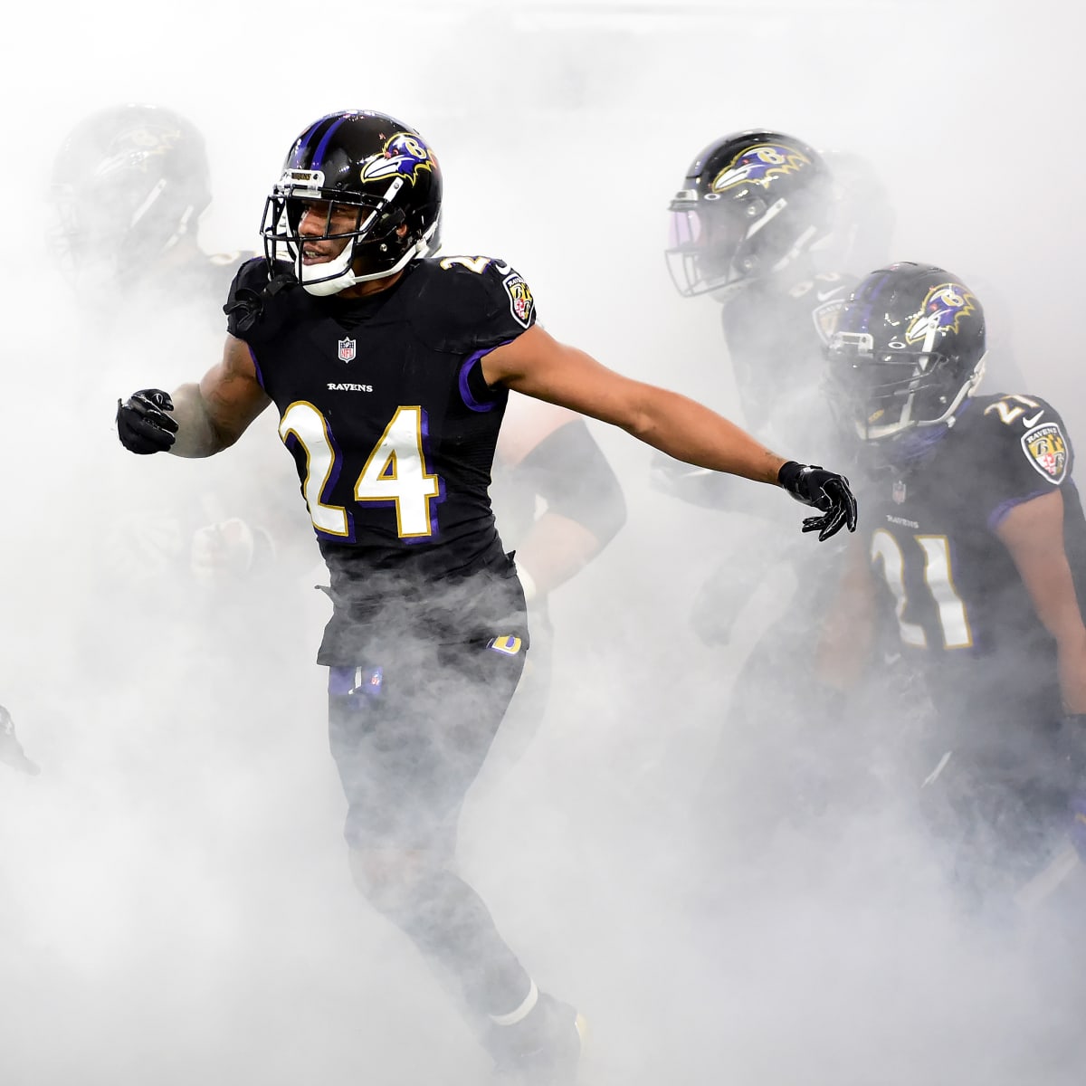 Baltimore Ravens cornerback Marcus Peters (24) looks on during pre-game  warm-ups before an NFL football game against the Carolina Panthers, Sunday,  Nov. 20, 2022, in Baltimore. (AP Photo/Terrance Williams Stock Photo 