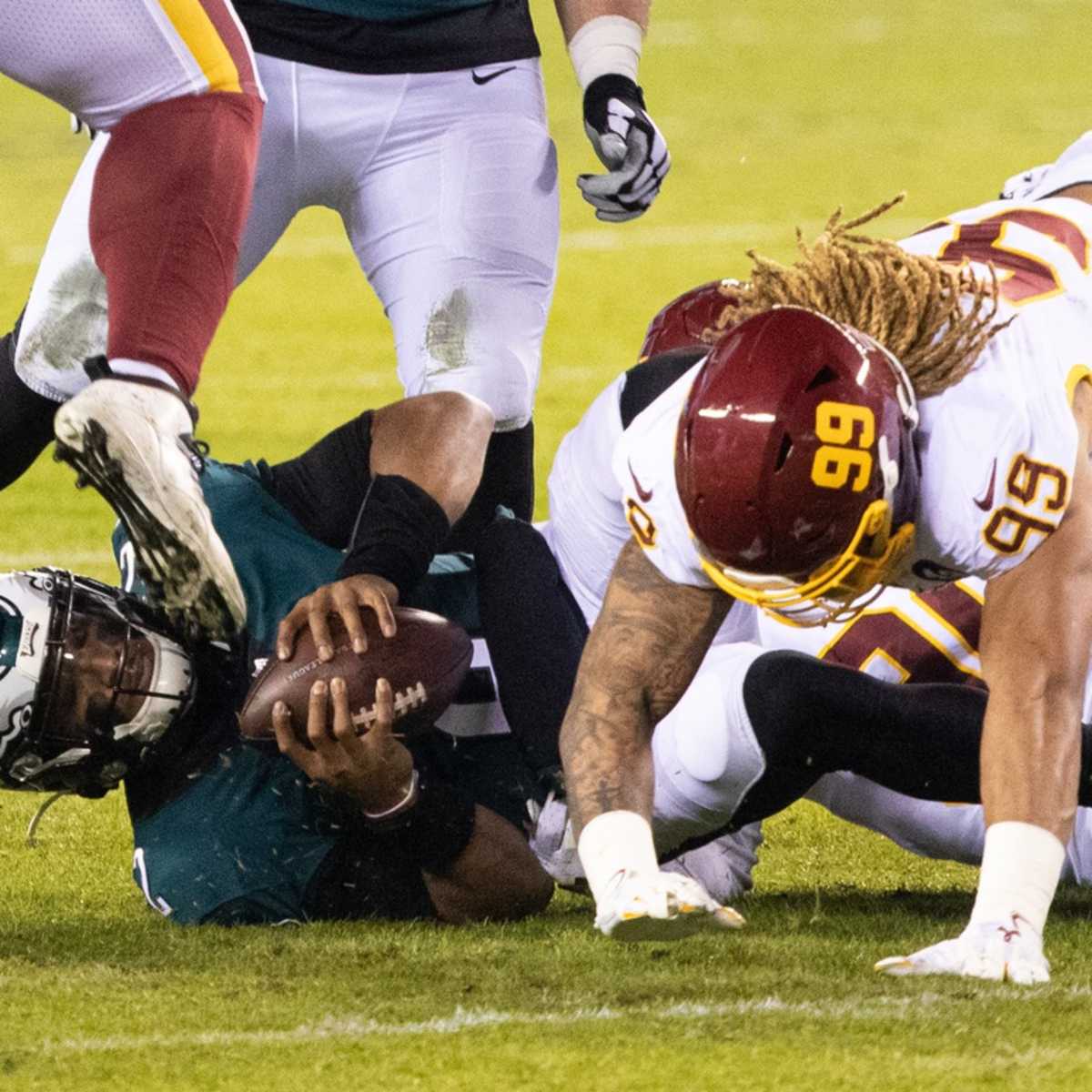 Nov 14, 2021; Landover, MD USA; Washington Football Team defensive end Chase  Young (99) during an NFL game at FedEx Field. The Washington Football Team  beat the Buccaneers 29-19. (Steve Jacobson/Image of