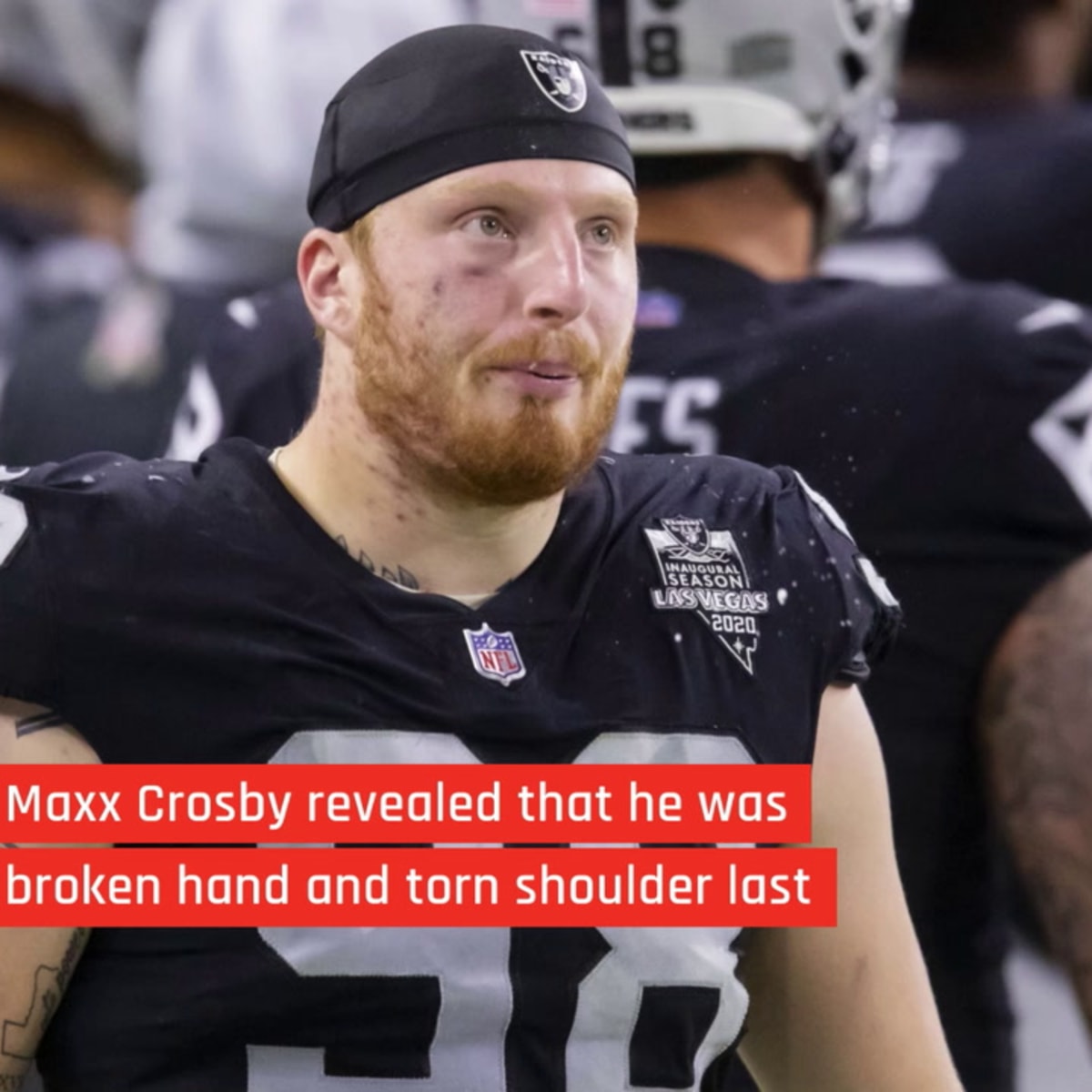 Oakland Raiders defensive end Maxx Crosby (98) gestures after being  penalized for roughing the …