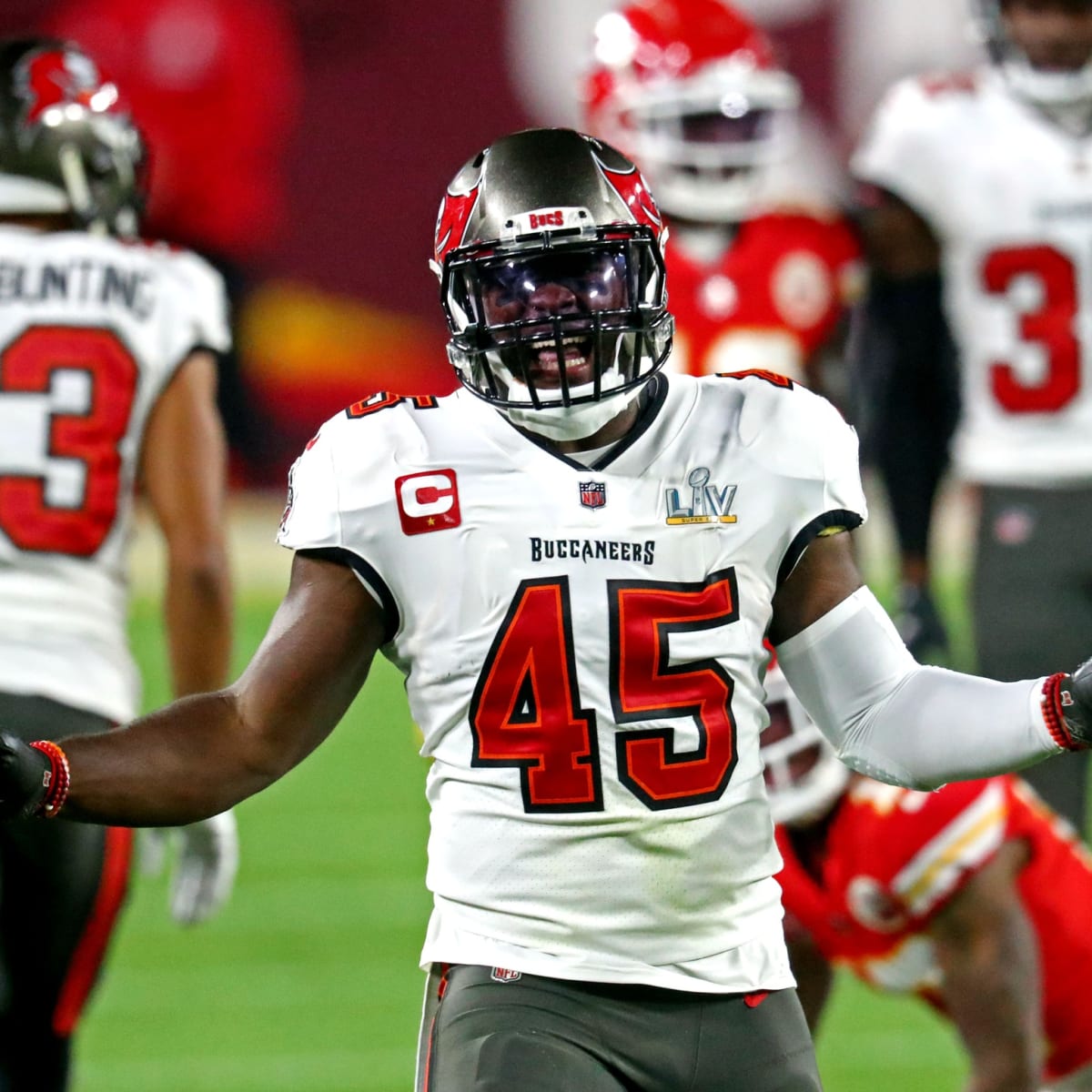 Tampa Bay Buccaneers linebacker Devin White (45) walks toward the locker  room after warmups before an NFL football game against the Kansas City  Chiefs, Sunday, Oct. 2, 2022 in Tampa, Fla. The