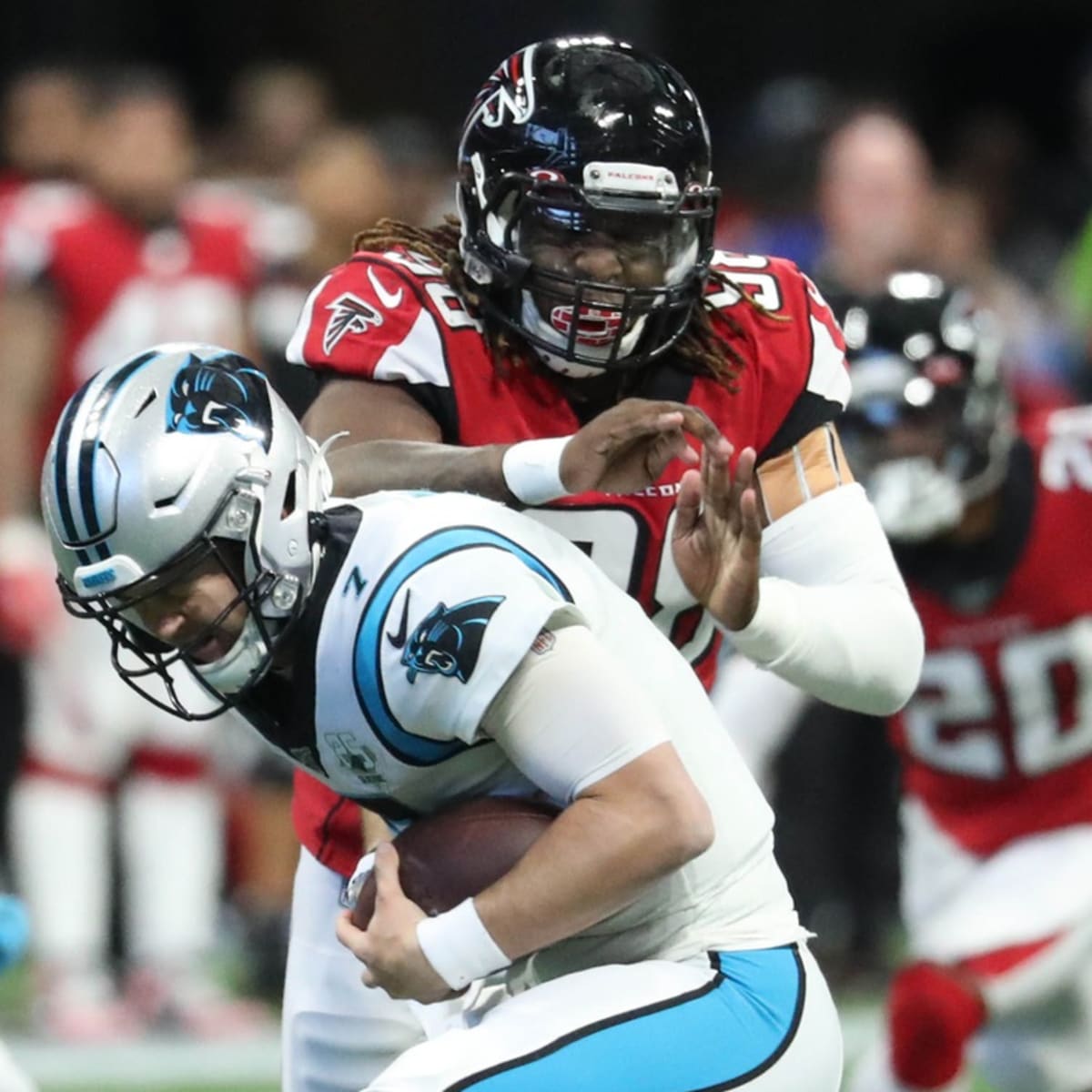 Cleveland Browns defensive end Takkarist McKinley (55) runs after the ball  during an NFL football game against the Baltimore Ravens, Sunday, Dec. 12,  2021, in Cleveland. (AP Photo/Kirk Irwin Stock Photo - Alamy