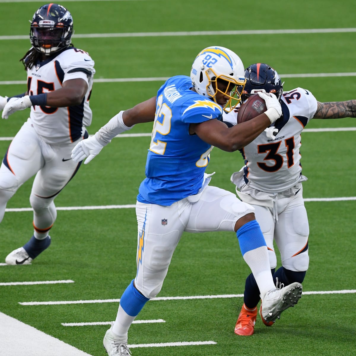 Los Angeles Chargers tight end Stephen Anderson (82) is tackled by