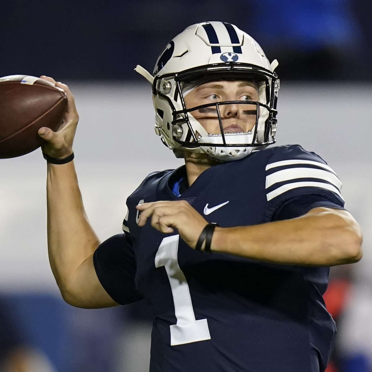 BYU quarterback Zach Wilson holds a New York Jets jersey on stage after  being selected second overall in the first round of the NFL football draft,  Thursday, April 29, 2021, in Cleveland. (