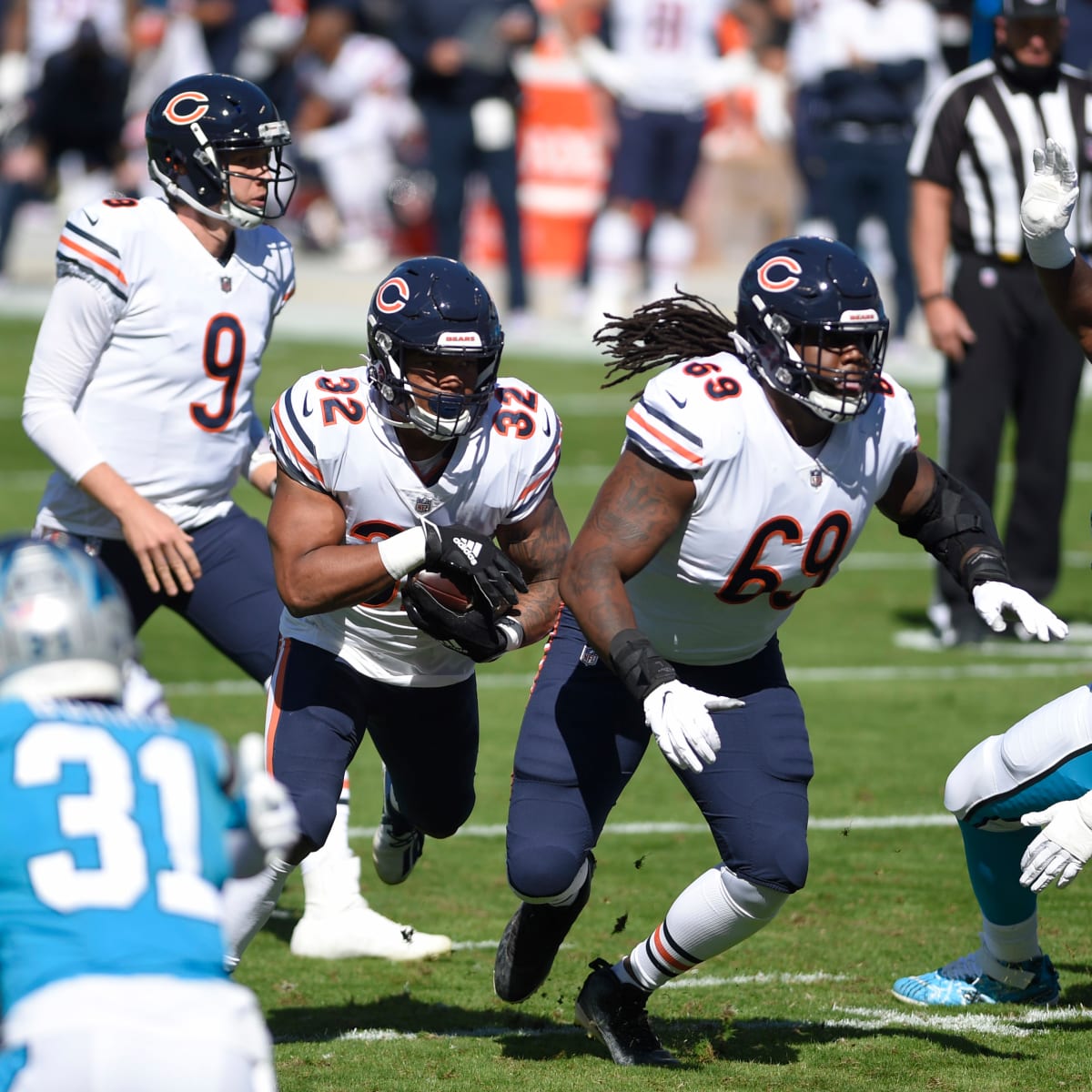 Chicago Bears offensive tackle Rashaad Coward (69) looks on