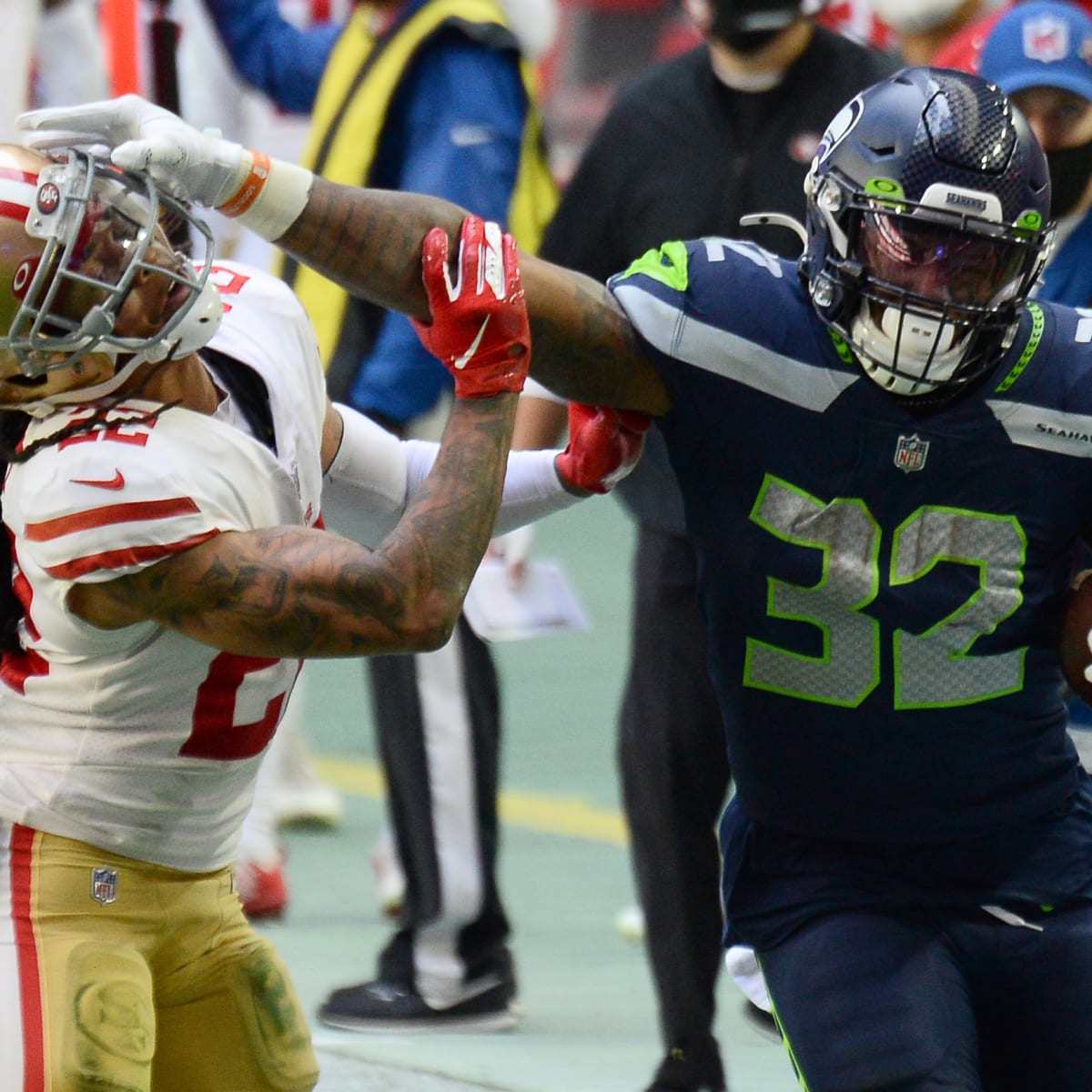 Seattle Seahawks running back Chris Carson (32) runs the ball against the  Cleveland Browns during an NFL football game, Sunday, Oct. 13, 2019, in  Cleveland. (Jeff Haynes/AP Images for Panini Stock Photo - Alamy