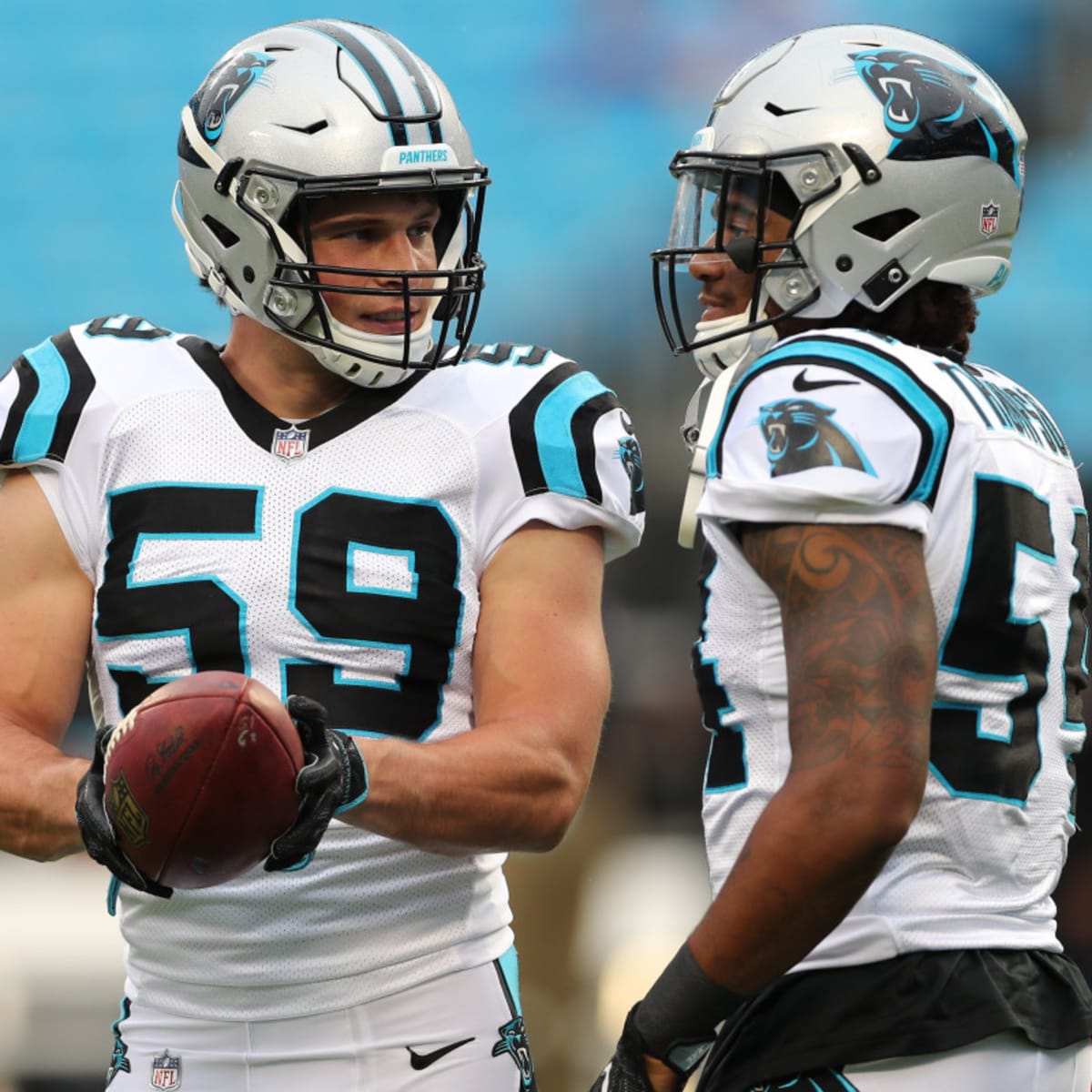 Carolina Panthers linebacker Shaq Thompson (7) reacts after making a play  on defense during an NFL football game against the Atlanta Falcons,  Thursday, Nov. 10 2022, in Charlotte, N.C. (AP Photo/Brian Westerholt