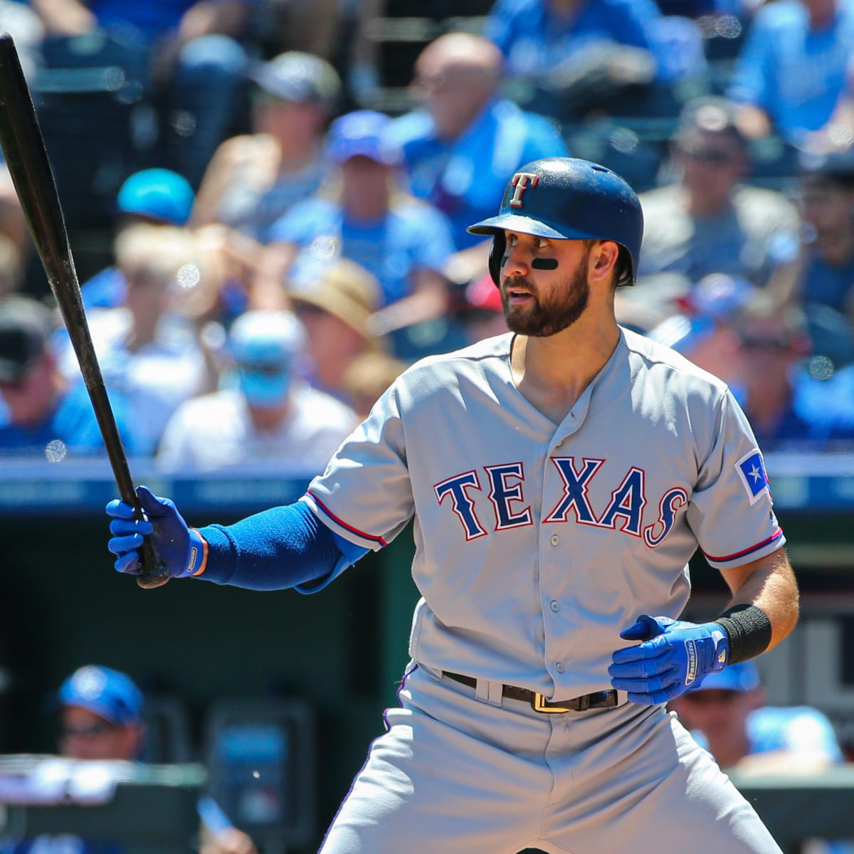 Texas Rangers' Todd Frazier follows through on a home run swing