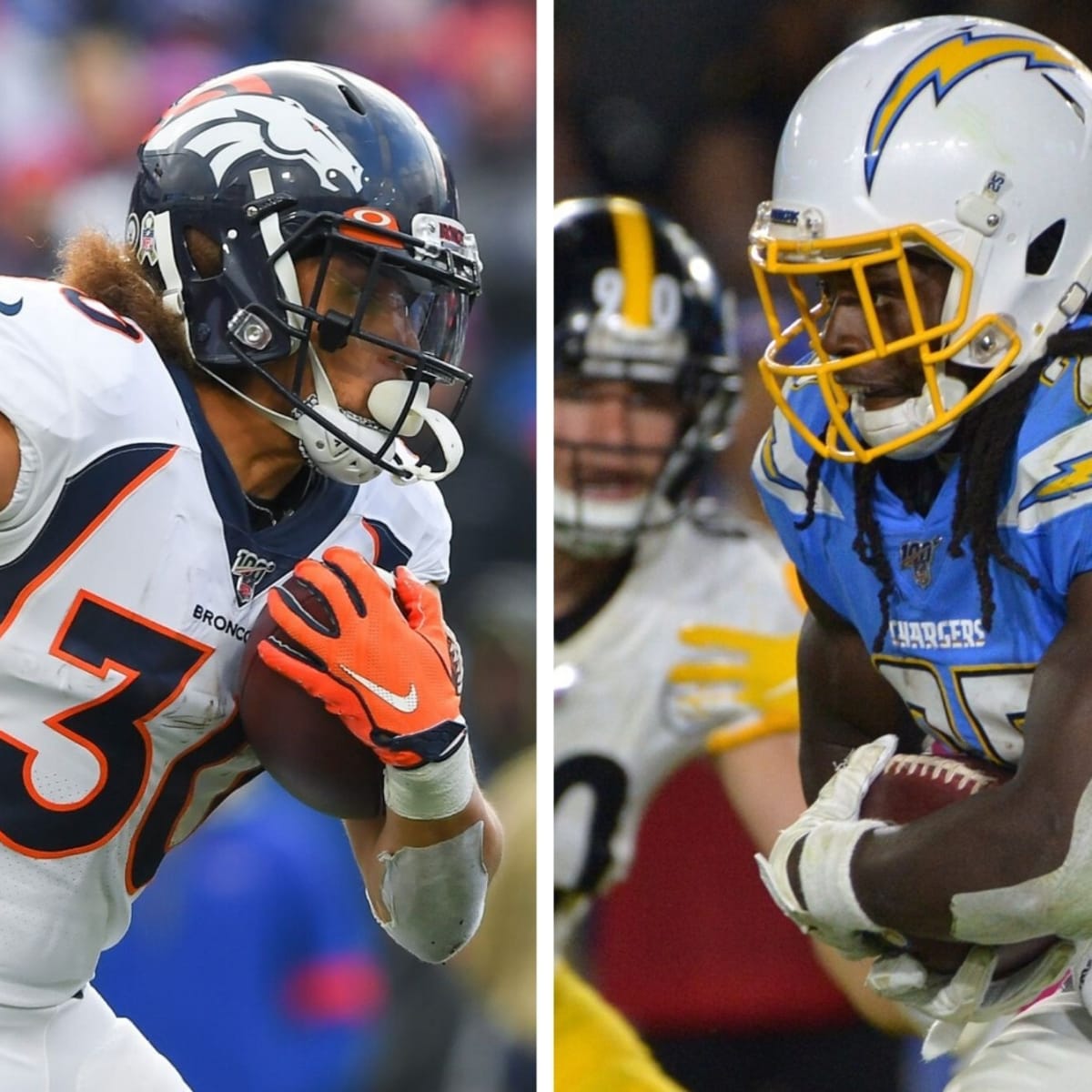 Nine-month-old James Locke IV, left, looks at his father, Denver Broncos  defensive back P.J. Locke (37), as he shares a laugh with Denver Broncos  running back Melvin Gordon (25) after taking part