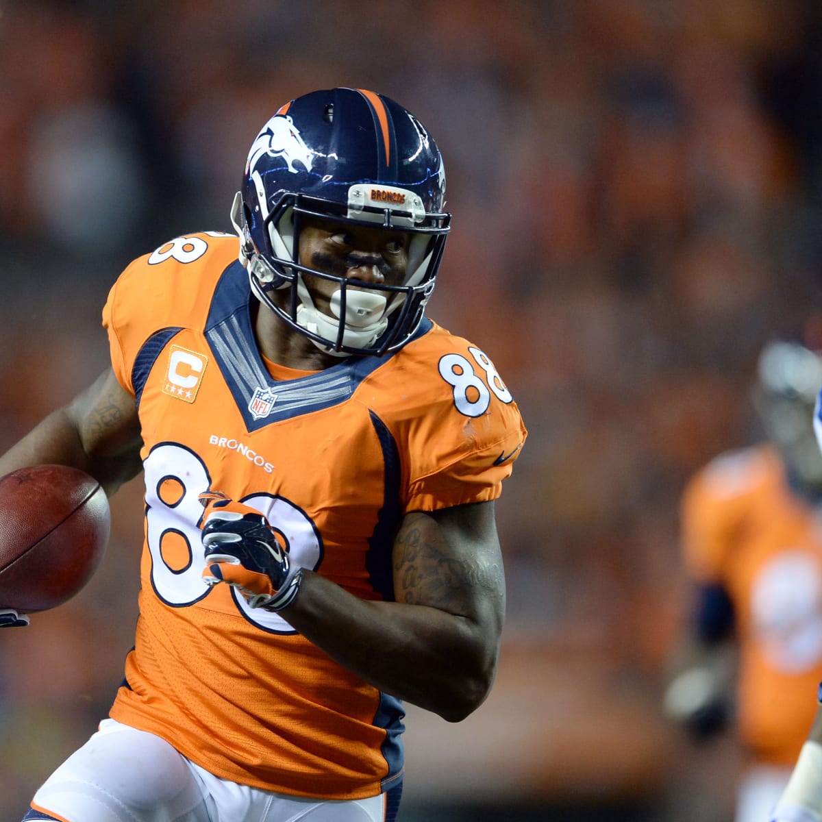 Denver, USA. September 09, 2018: Denver Broncos wide receiver Demaryius  Thomas (88) during the first quarter of an NFL matchup between the Seattle  Seahawks and the Denver Broncos at Broncos Stadium at