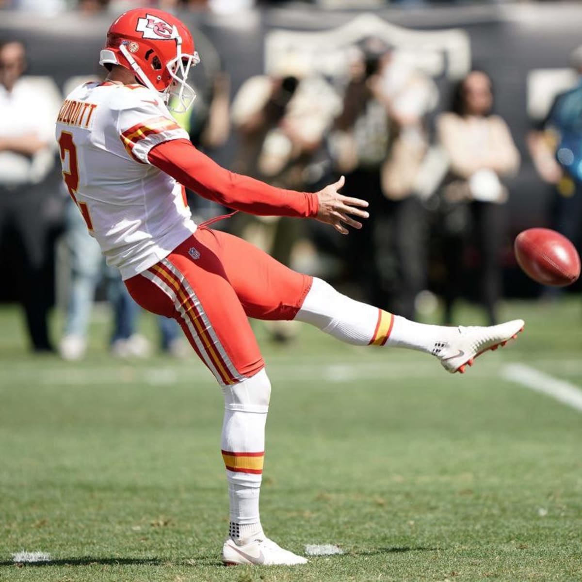 Kansas City Chiefs punter Dustin Colquitt wears a Salute to Service  military appreciation logo on his helmet before an NFL football game  against the Tennessee Titans Sunday, Nov. 10, 2019, in Nashville