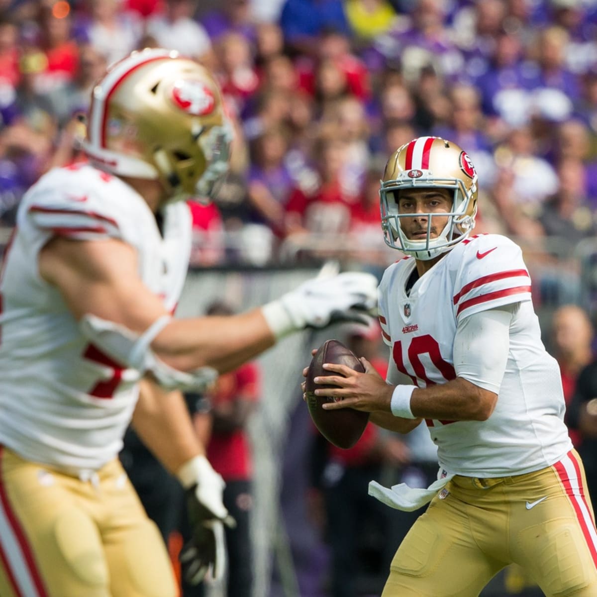 Santa Clara, California, USA. 19th Jan, 2020. San Francisco 49ers  quarterback Jimmy Garoppolo (10) and fullback Kyle Juszczyk (44) pregame on  Sunday, January 19, 2020, at Levis Stadium in Santa Clara, California.