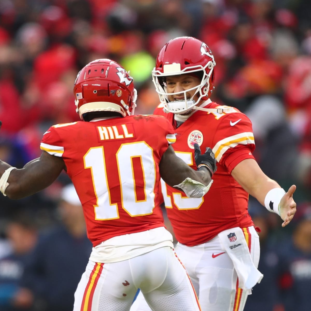 Kansas City Chiefs quarterback Patrick Mahomes (15) sticks out his tongue  at teammates while playing the Las Vegas Raidersduring an NFL Professional  Football Game Sunday, Nov. 14, 2021, in Las Vegas. (AP