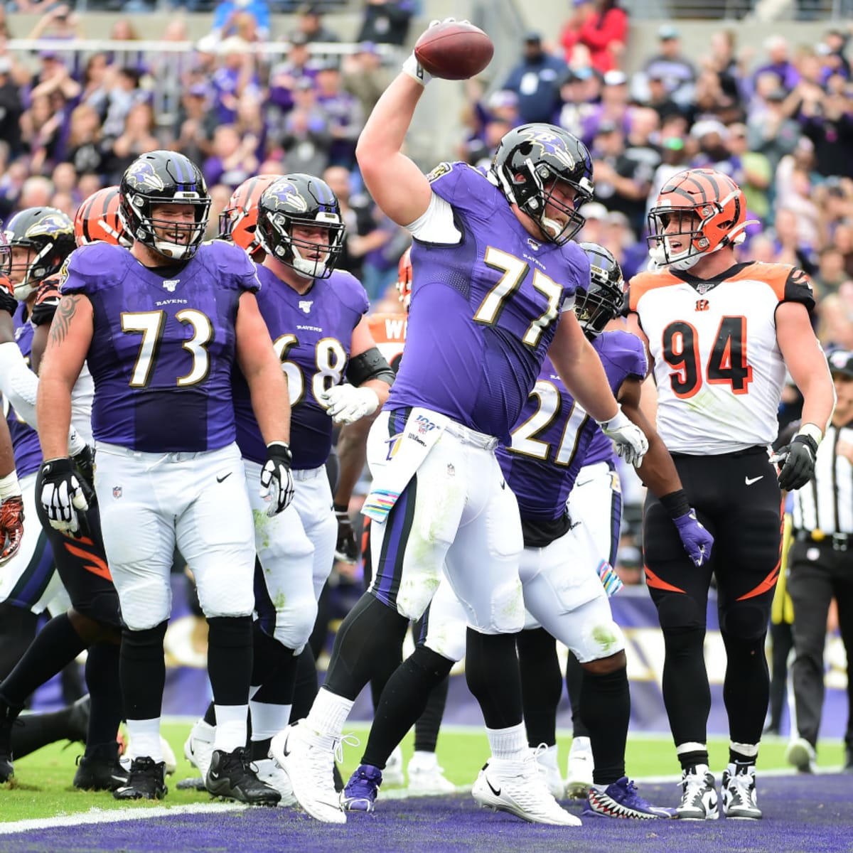 Baltimore Ravens offensive guard Bradley Bozeman (77) during an NFL  football game against the Las Vegas Raiders, Monday, Sept. 13, 2021, in Las  Vegas. (AP Photo/Rick Scuteri Stock Photo - Alamy