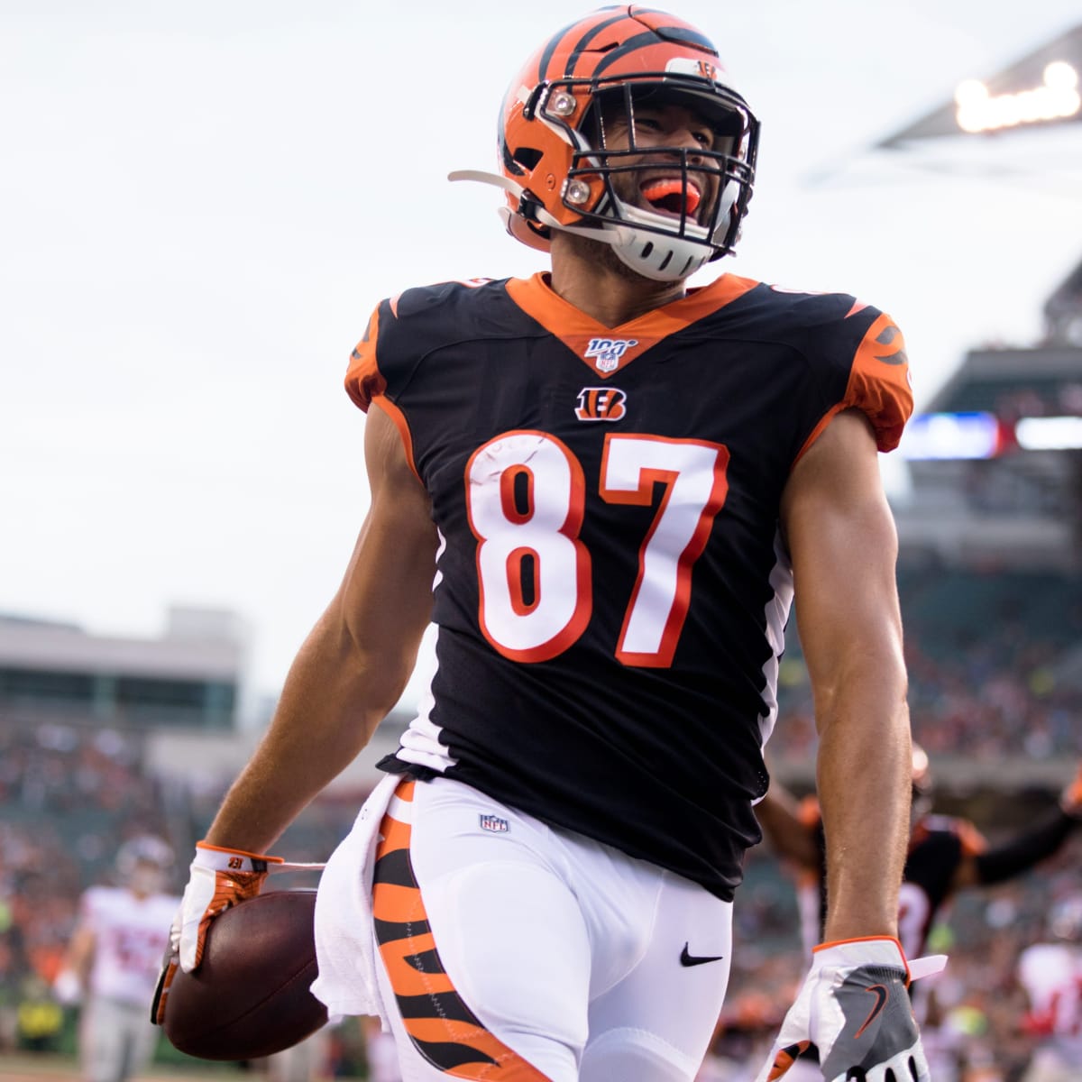 October 29th, 2017: Cincinnati Bengals tight end C.J. Uzomah (87) looks on  before the NFL football game between the Indianapolis Colts and the  Cincinnati Bengals at Paul Brown Stadium, Cincinnati, OH. Adam