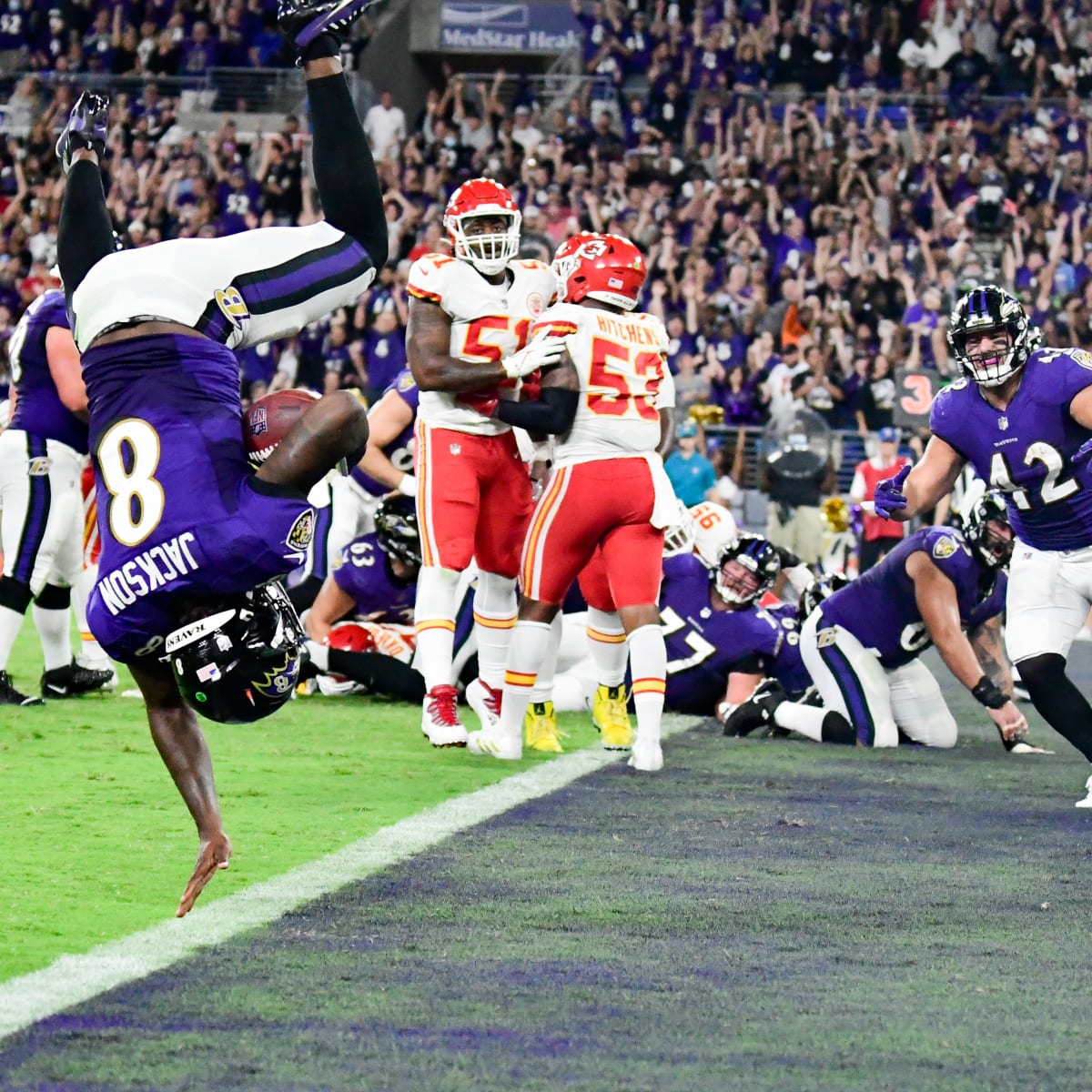 Baltimore Ravens quarterback Lamar Jackson (8) celebrates after a touchdown  during an NFL football game against the New Orleans Saints, Monday, Nov. 7,  2022, in New Orleans. (AP Photo/Tyler Kaufman Stock Photo - Alamy