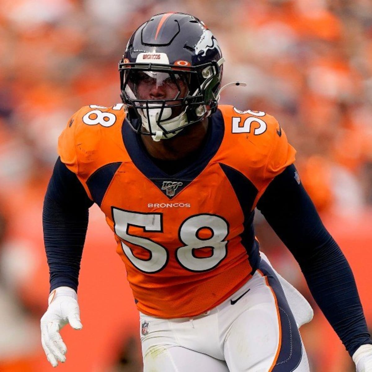 Houston, Texas, USA. 8th Dec, 2019. Denver Broncos linebacker Von Miller  (58) talks with Houston Texans running back Duke Johnson Jr. (25) after a  play during the NFL regular season game between