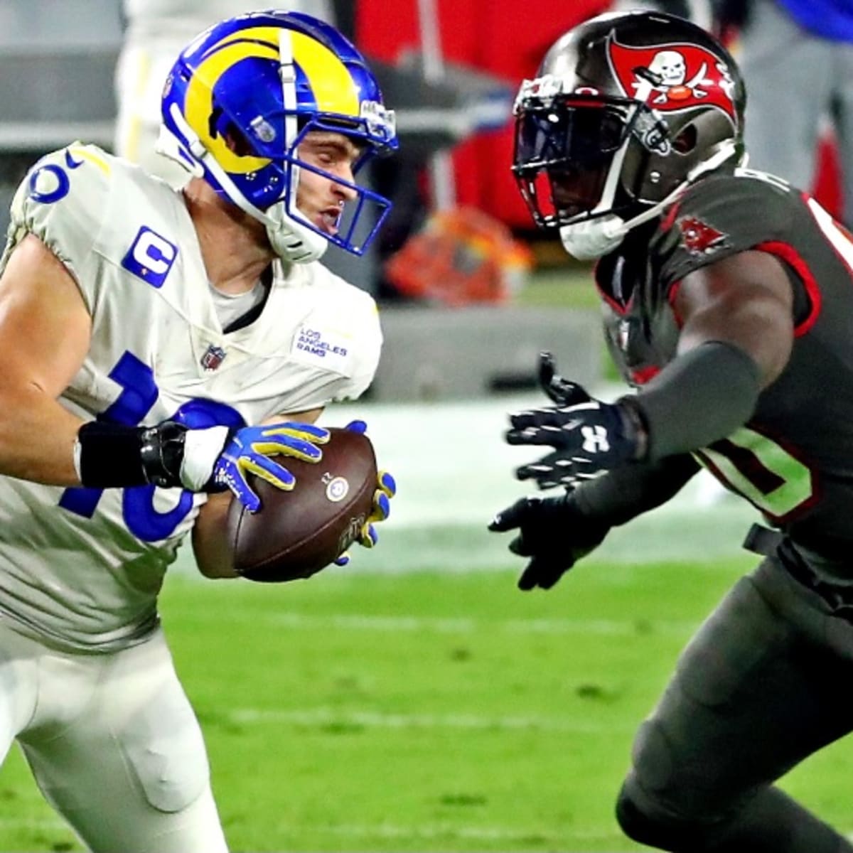 Tampa Bay Buccaneers outside linebacker Jason Pierre-Paul (90) celebrates a  turnover during a NFL divisional playoff football game against the Los  Angeles Rams, Sunday, January 23, 2022 in Tampa, Fla. (AP Photo/Alex