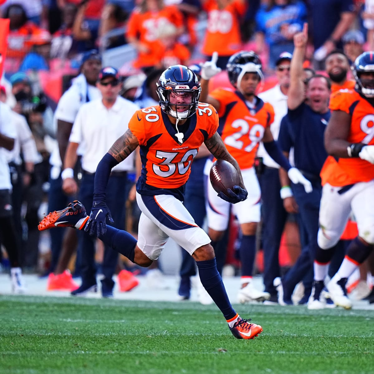 Denver Broncos safety Caden Sterns (30) leaves the field after an NFL  football game against the Indianapolis Colts, Thursday, Oct. 6, 2022, in  Denver. The Colts defeated the Broncos 12-9 in overtime. (