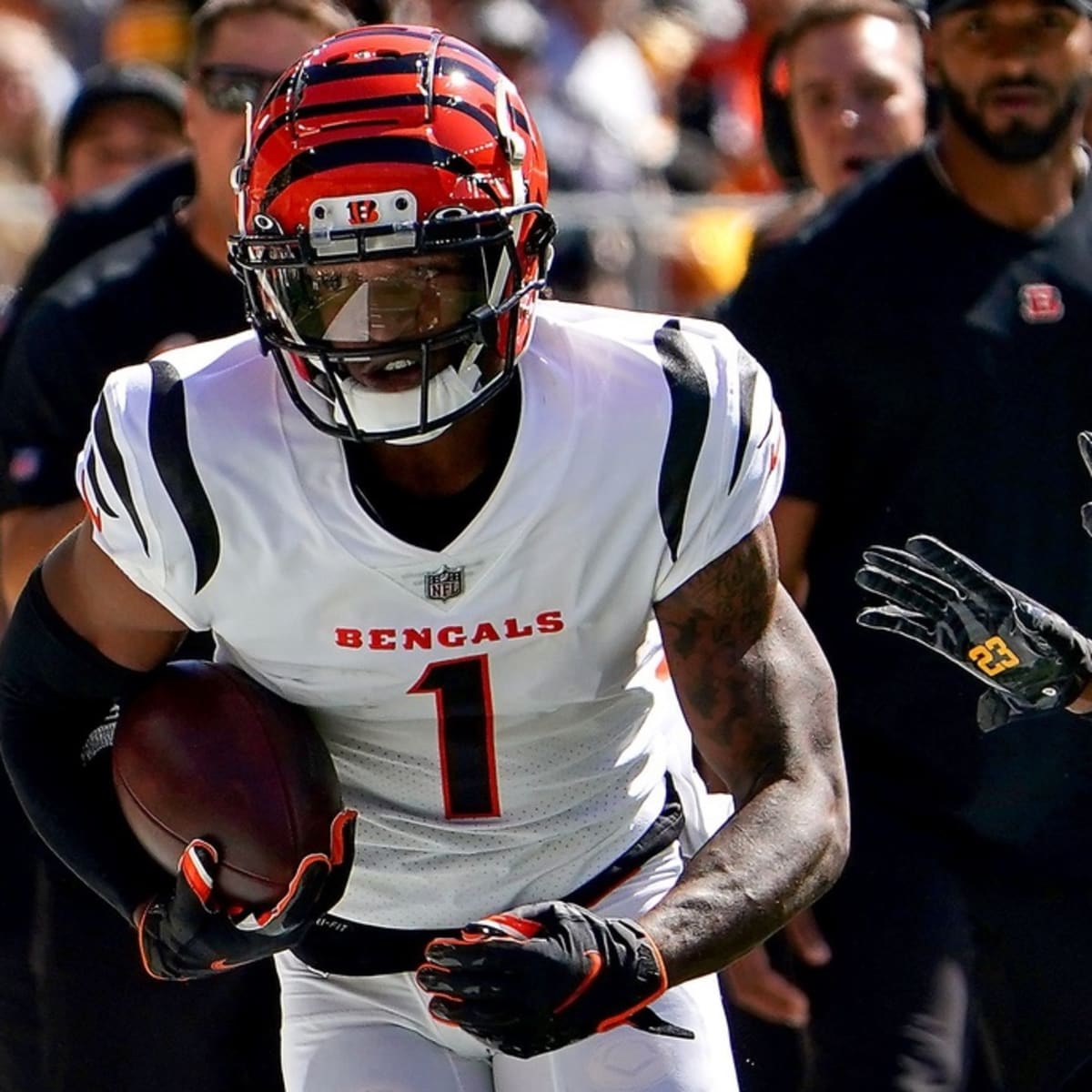 Cincinnati Bengals wide receiver Ja'Marr Chase (1) catches his first career  touchdown during an NFL football game against the Minnesota Vikings Sunday,  Sept. 12, 2021, in Cincinnati. (AP Photo/Jeff Dean Stock Photo 