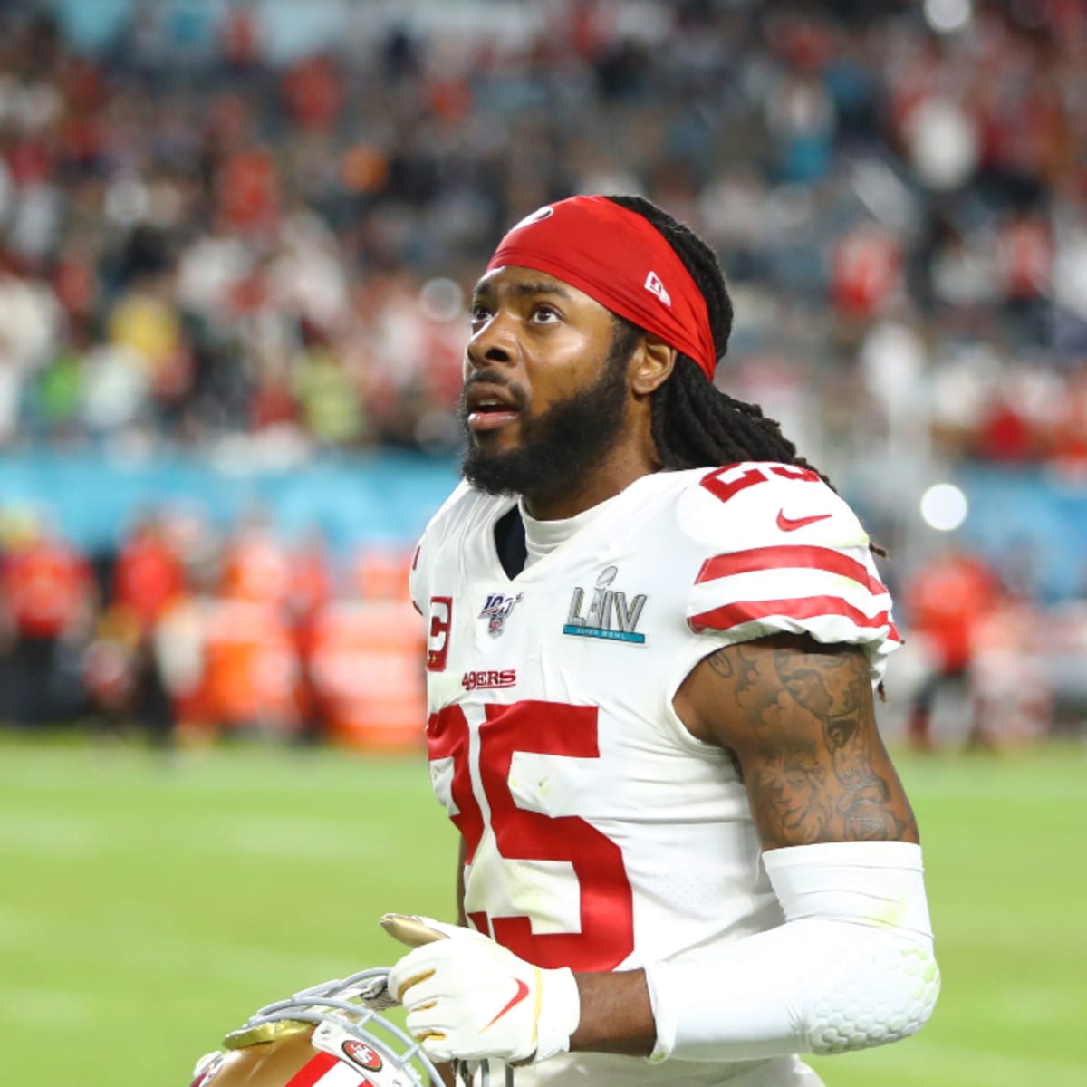 Tampa Bay Buccaneers cornerback Richard Sherman (5) defends during the  first half of an NFL football game against the New England Patriots,  Sunday, Oct. 3, 2021, in Foxborough, Mass. (AP Photo/Stew Milne