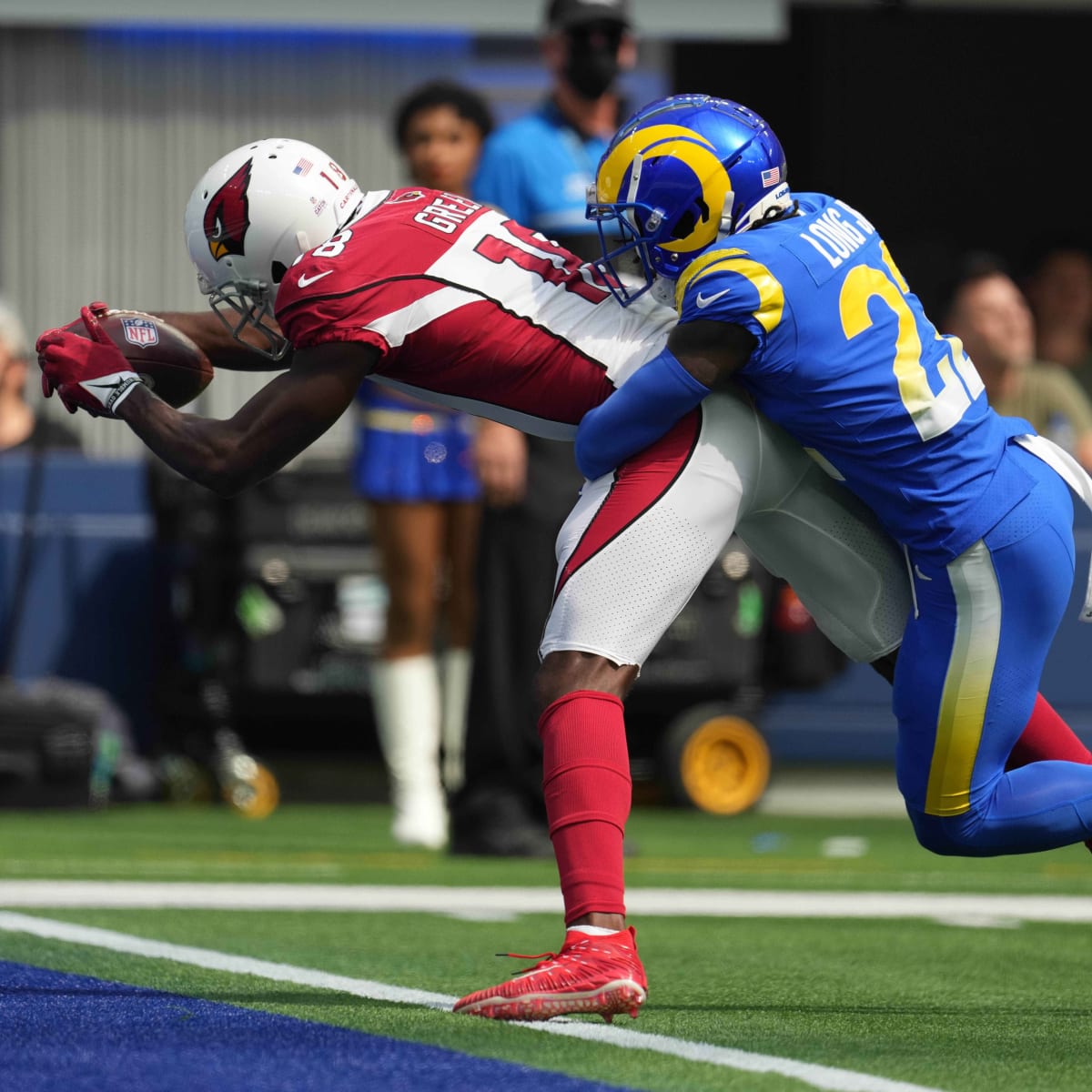 Arizona Cardinals wide receiver A.J. Green (18) catches a touchdown pass  against a Los Angeles Rams denfender during a NFL football game, Sunday,  Nov. 13, 2022, in Inglewood, Calif. The Cardinals defeated