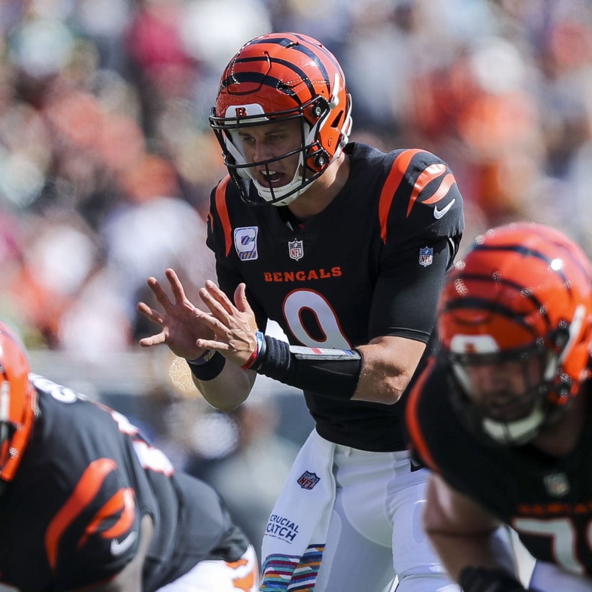 Cincinnati Bengals linebacker Logan Wilson (55) celebrates a missed field  goal during an NFL football game against the Green Bay Packers, Sunday,  Oct. 10, 2021, in Cincinnati. (AP Photo/Zach Bolinger Stock Photo - Alamy