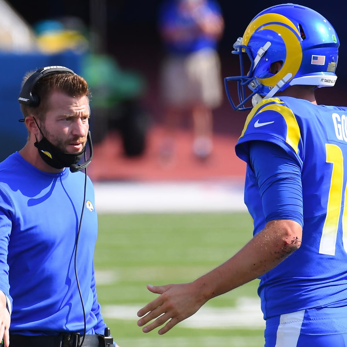 Los Angeles Rams quarterback Jared Goff and head coach Sean McVay have a  talk during the game against the Dallas Cowboys in the second half at SoFi  Stadium in Inglewood, California on