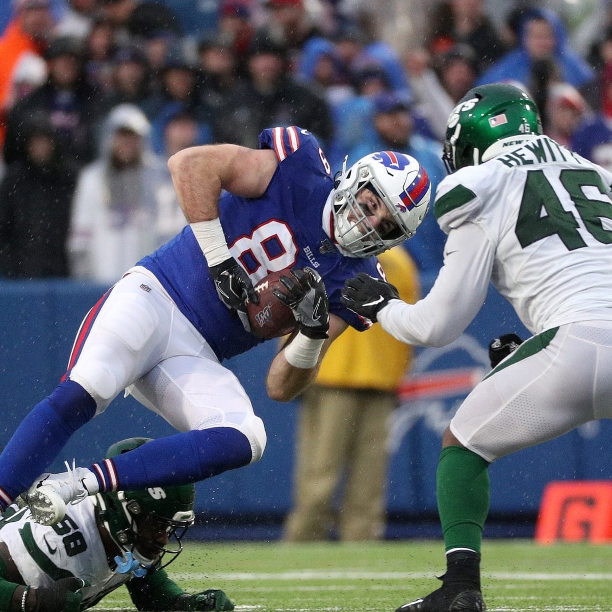 Buffalo Bills' Tommy Sweeney on the sidelines during the second half of a  preseason NFL football game against the Buffalo Bills, Saturday, Aug. 20,  2022, in Orchard Park, N.Y. (AP Photo/Joshua Bessex