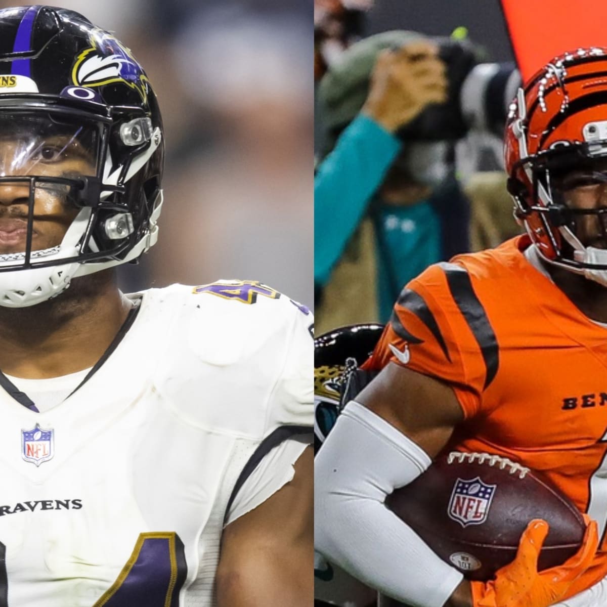 Cincinnati Bengals' Ja'Marr Chase, left, catches a pass over Baltimore  Ravens' Marlon Humphrey during the second half of an NFL football game,  Sunday, Oct. 9, 2022, in Baltimore. (AP Photo/Julio Cortez Stock