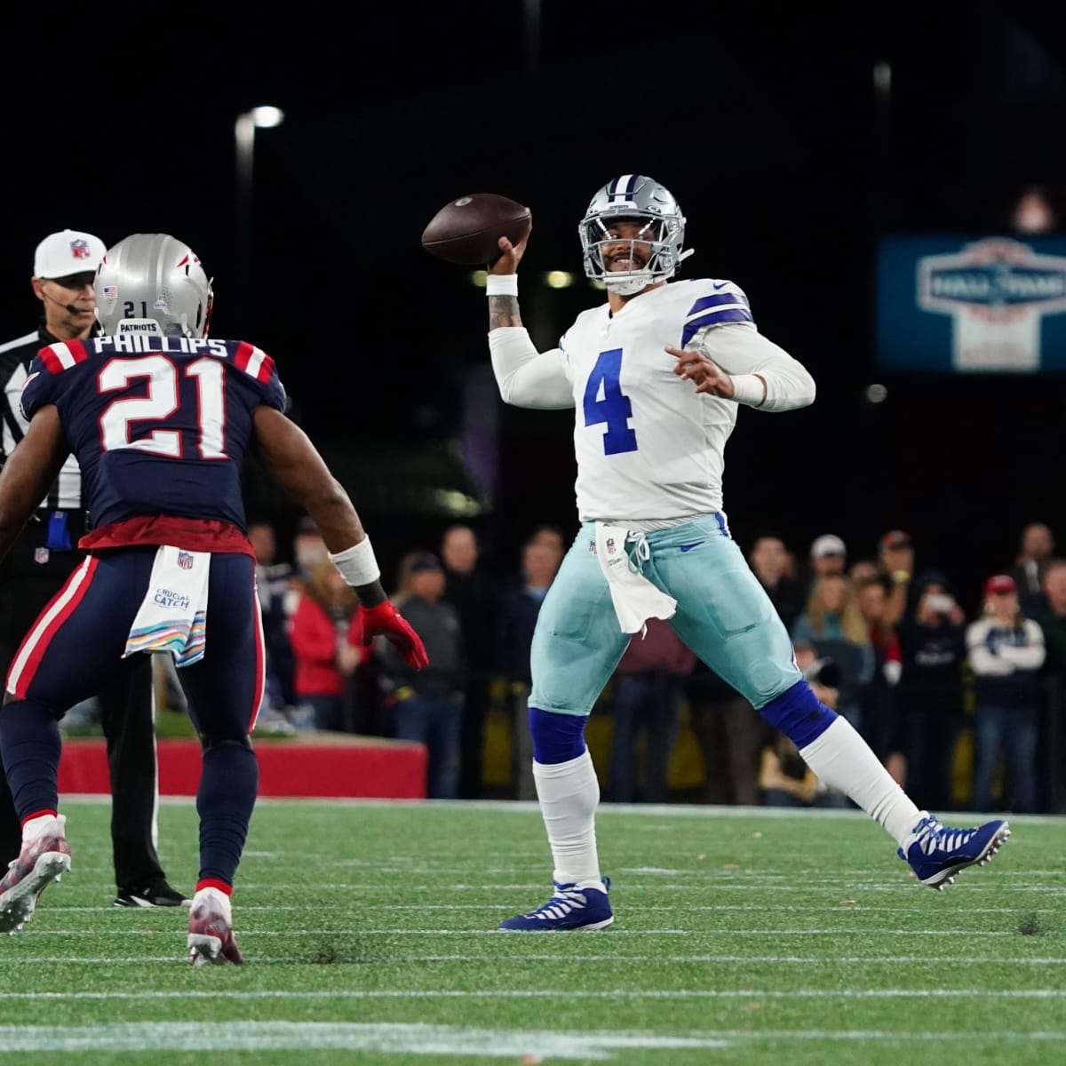 Dallas Cowboys quarterback Dak Prescott (4) looks to pass during a  Thanksgiving day NFL football game against the Las Vegas Raiders, Thursday,  Nov. 25, 2021, in Arlington, Texas. (AP Photo/Matt Patterson Stock