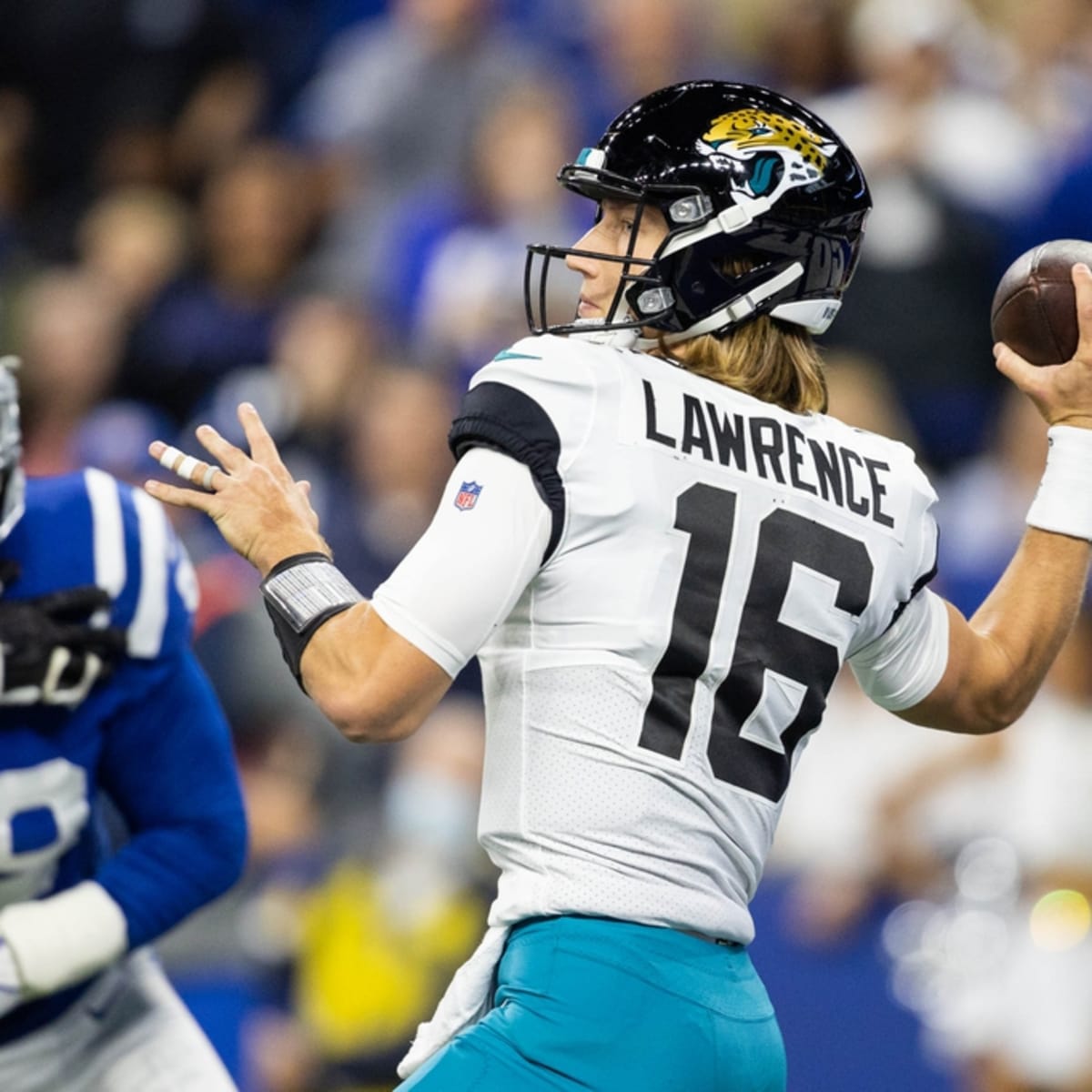 November 14, 2021: Jacksonville Jaguars quarterback Trevor Lawrence (16)  during pregame of NFL football game action between the Jacksonville Jaguars  and the Indianapolis Colts at Lucas Oil Stadium in Indianapolis, Indiana.  Indianapolis