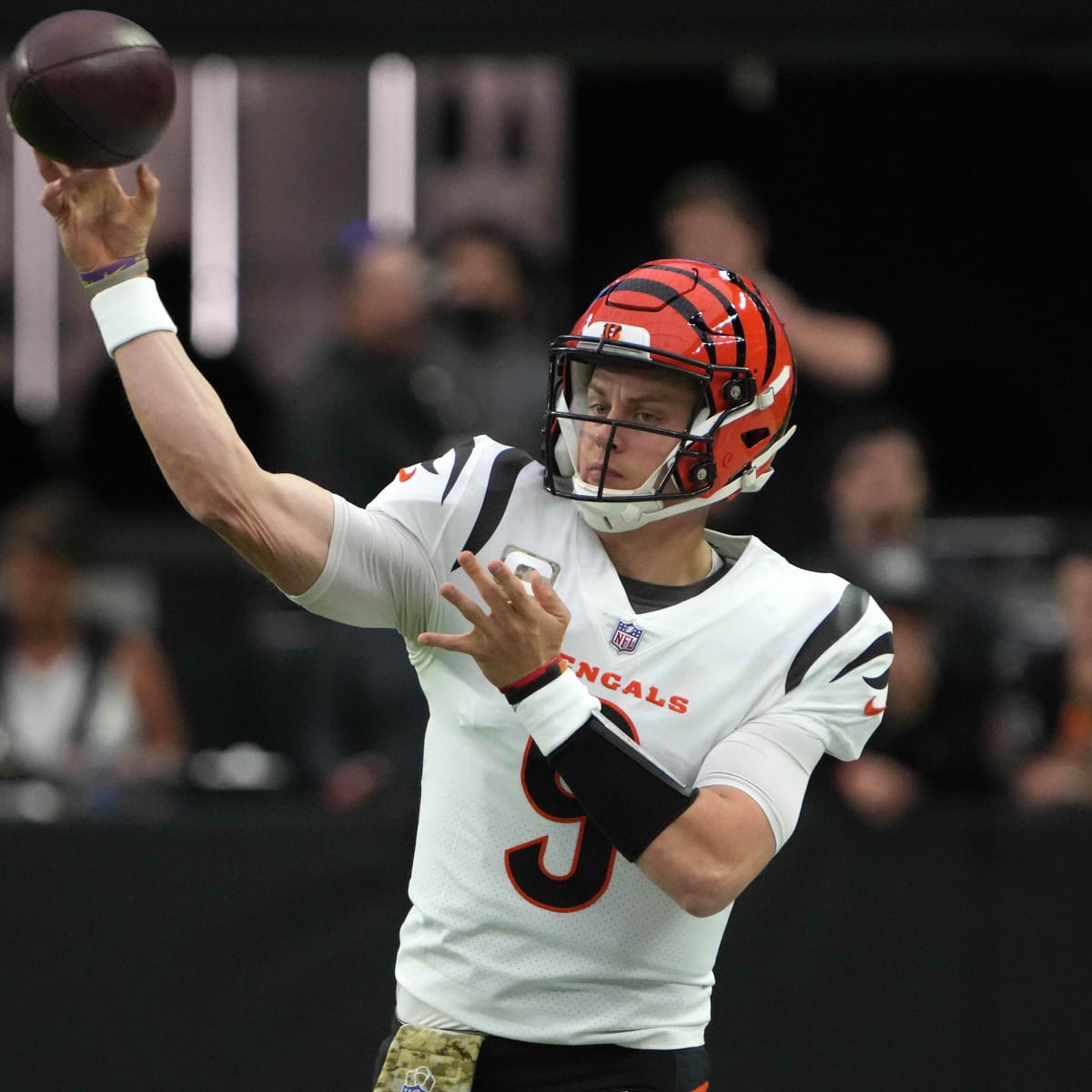 Cincinnati Bengals quarterback Joe Burrow (9) and wide receiver Ja'Marr  Chase (1) are interview by CBS Sports reporter AJ Ross after an NFL  football game against the New Orleans Saints, Sunday, Oct.