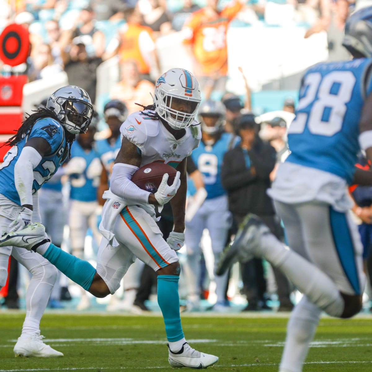 Carolina Panthers center Carolina Panthers defensive end Morgan Fox (91)  walks on the sidelines during an NFL football game against the Miami  Dolphins, Sunday, Nov. 28, 2021, in Miami Gardens, Fla. (AP