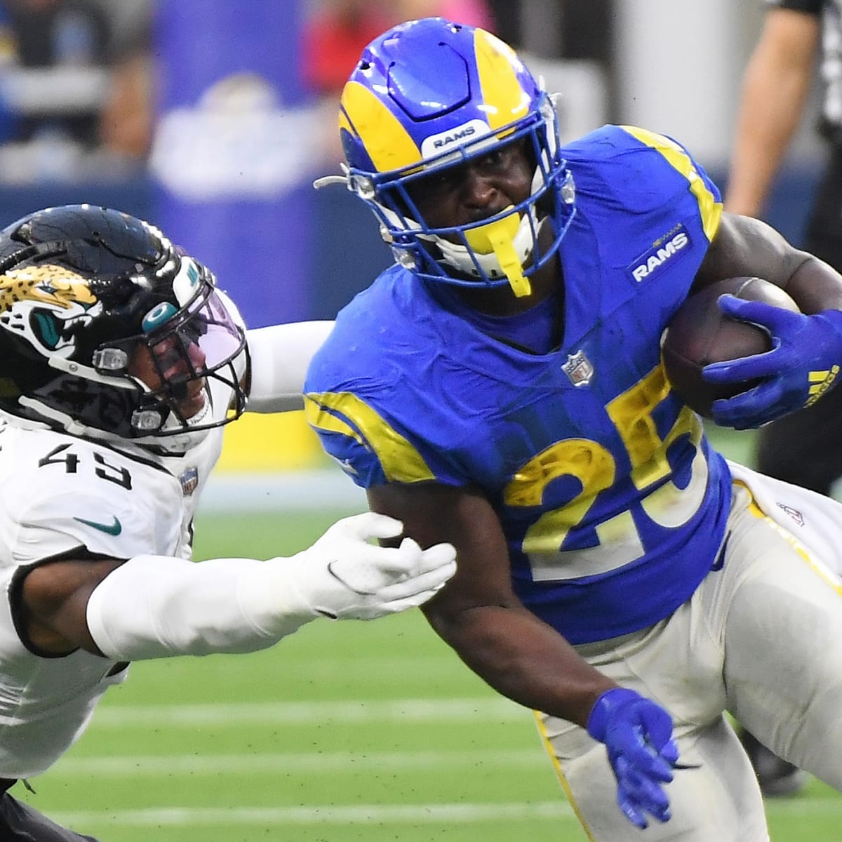 In this image taken video, Los Angeles Rams running back Sony Michel speaks  with reporters at the NFL football team's training complex in Thousand  Oaks, Calif., Thursday, Aug. 26, 2021. Michel watched