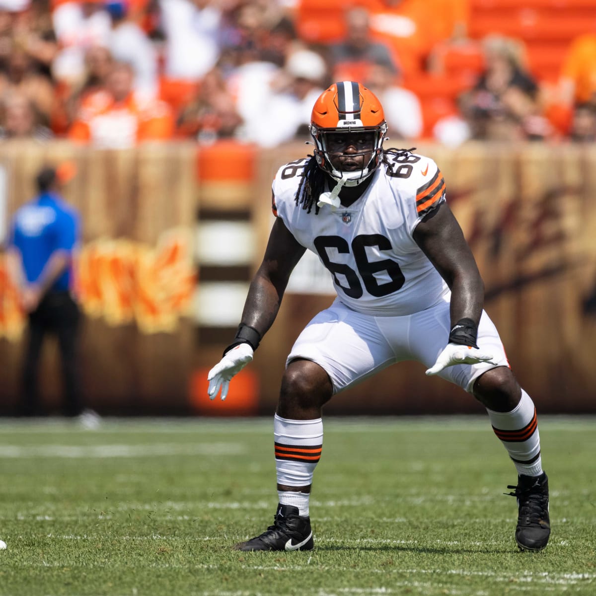 Cleveland Browns offensive tackle James Hudson III (66) lines up for a play  during an NFL football game against the Baltimore Ravens, Sunday, Dec. 12,  2021, in Cleveland. (AP Photo/Kirk Irwin Stock