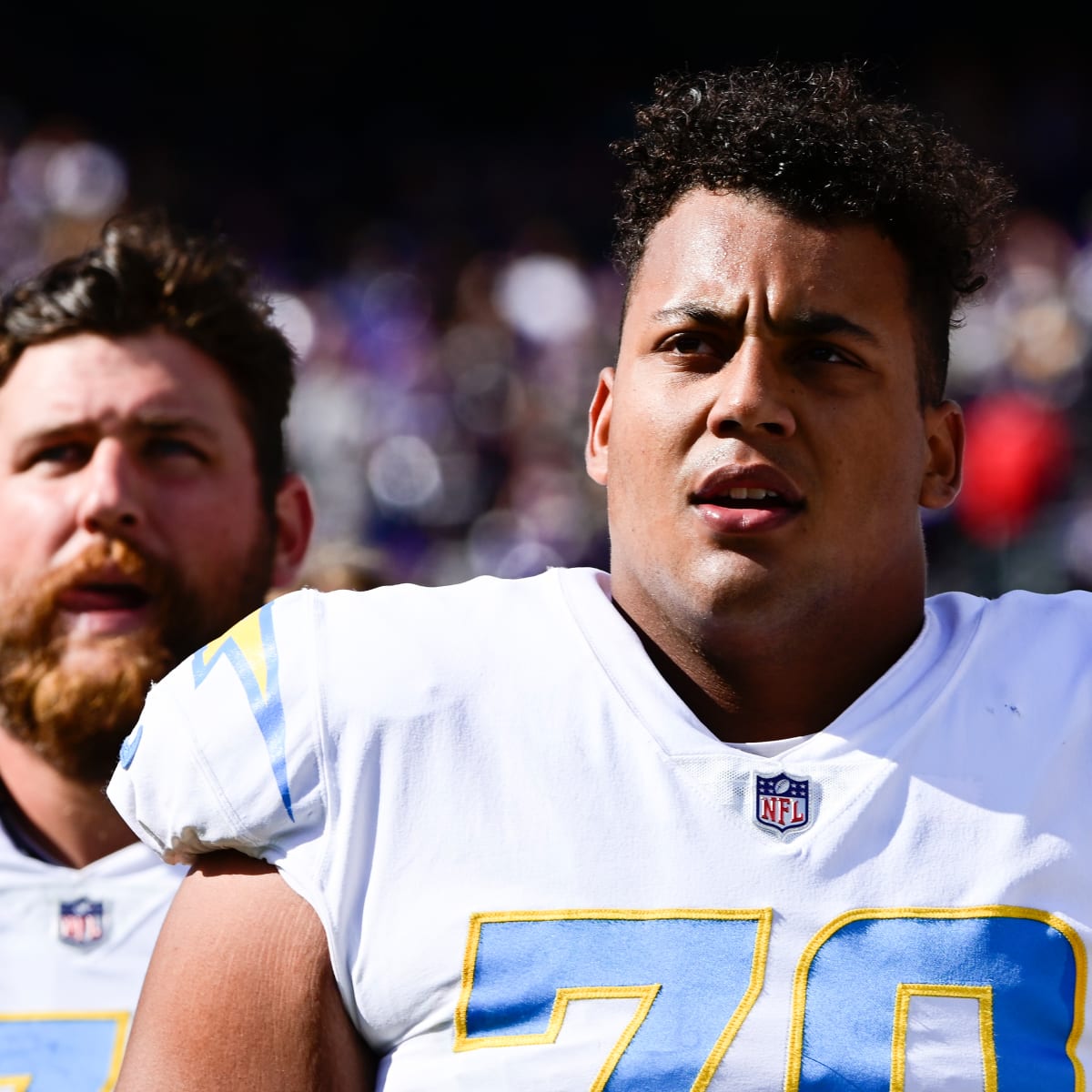 Los Angeles Chargers offensive tackle Rashawn Slater (70) runs a