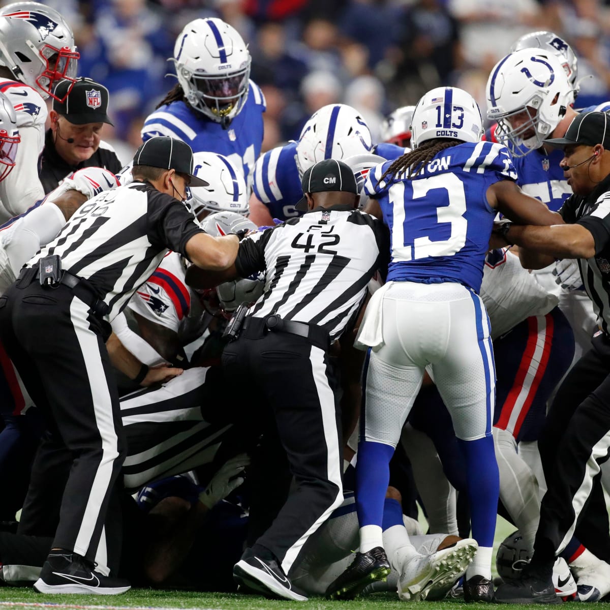 INDIANAPOLIS, IN - DECEMBER 18: Fans look on during the NFL football game  between the New England Patriots and the Indianapolis Colts on December 18,  2021, at Lucas Oil Stadium in Indianapolis